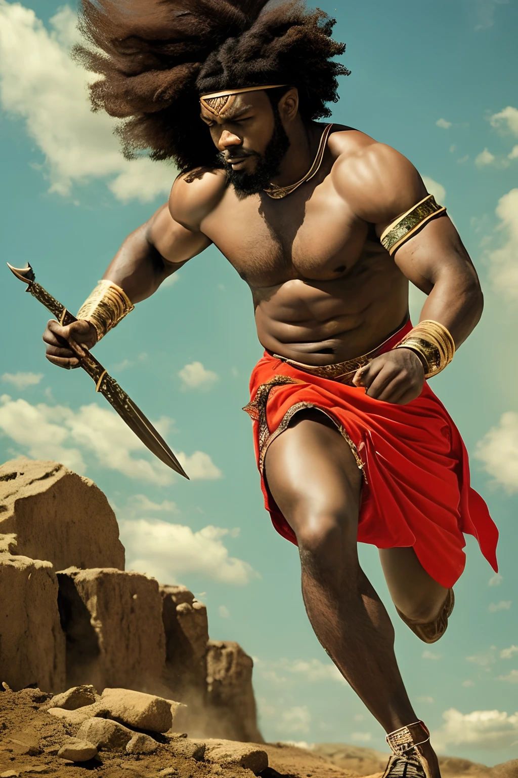 an ancient time black male warrior , he is running with a spear on his hand though the soil --auto --s2