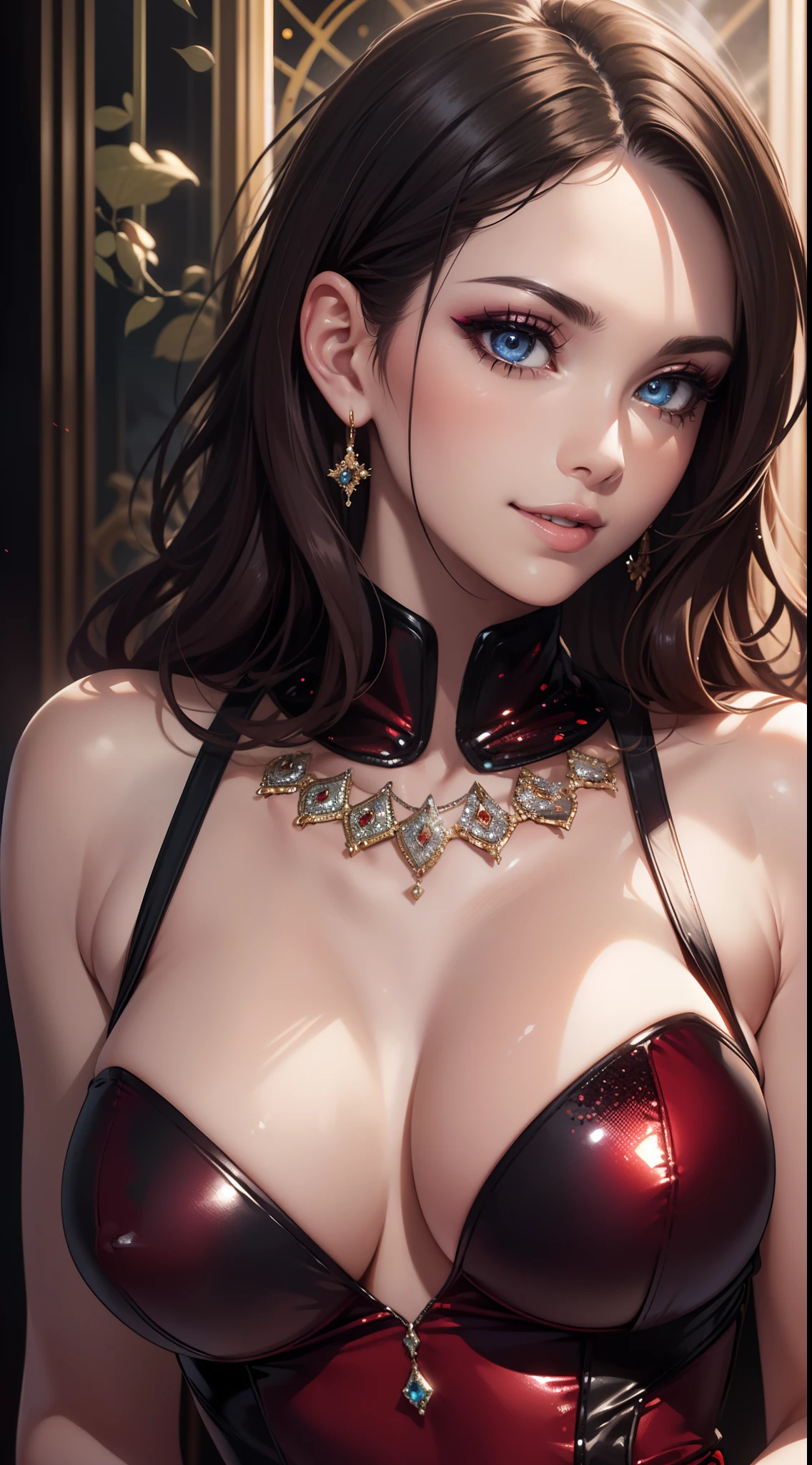 ((Best quality)),((masterpiece)),(realistic),(highly detailed), 16K, HDR, RTX, high resolution, Sexy woman, tall, beautiful, sexy, sensual, wearing a sexy red sequin dress, cleavage, stylish, fancy, smug smile, slutty, jewelry, smooth shiny skin, highly detailed eyes, makeup.