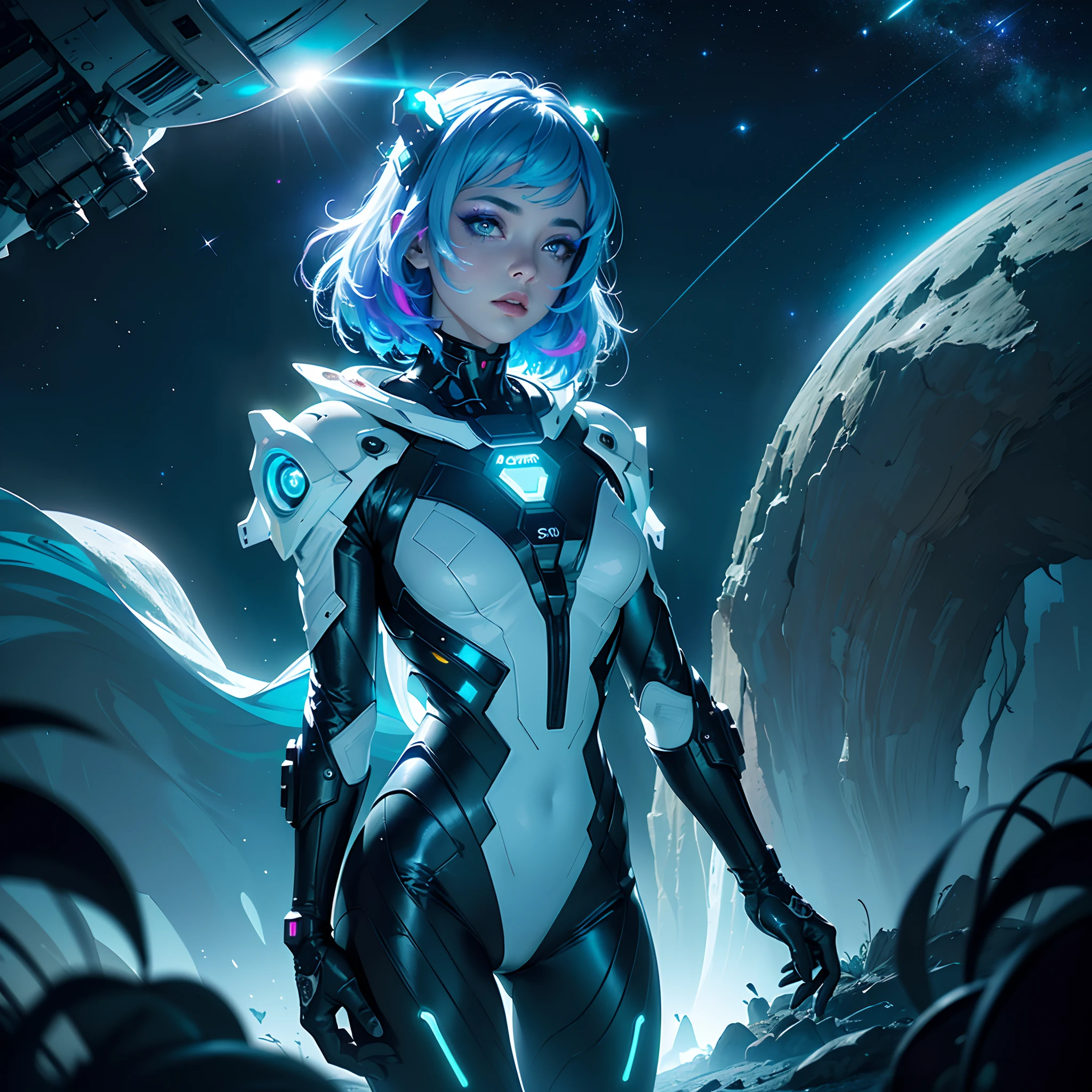 (Masterpiece:1.2), best quality, (night sky, medium length hair:1.2),(illustration:1.2), beautiful scenery, scared,(Masterfully crafted Glow, lens flare), (ultra-detailed), hyper details, (delicate detailed), (intricate details), (cinematic light, best quality Backlights), clear line, new world, viewer, solo female,(spacewoman, space), solo female, perfect body, (1girl), (Bright bioluminescent hair hair, bright glowing eyes), (galaxy ,alien planet),(astronaut wearing sexy futuristic formfitting spacesuit:1.1), slightly closed eyes, (cyberpunk), (Dynamic:1.3), ((makeup)), high contrast, (best illumination, an extremely delicate and beautiful), ((cinematic moonlight)), colourful, ((Photoshop Pastel Painting:1.1)), ethereal, (Cinematic masterpiece),suspense, fear, (interstellar), splashes of colour, absolutely eye-catching, ((caustic)), dynamic angle ,beautiful (detailed glow), (eerie),(Intricate Detailed Cinematic Scenery Behind:1.2),ambient occlusion, (ambient moonlight), ray-traced reflections, intricately detailed visible background , (glowing spacesuit), Terrifying, (bioluminescent vegetation:1.2), terror, uneasy, futuristic, horrifying, (hologram heads up display), (Exquisite large comet)