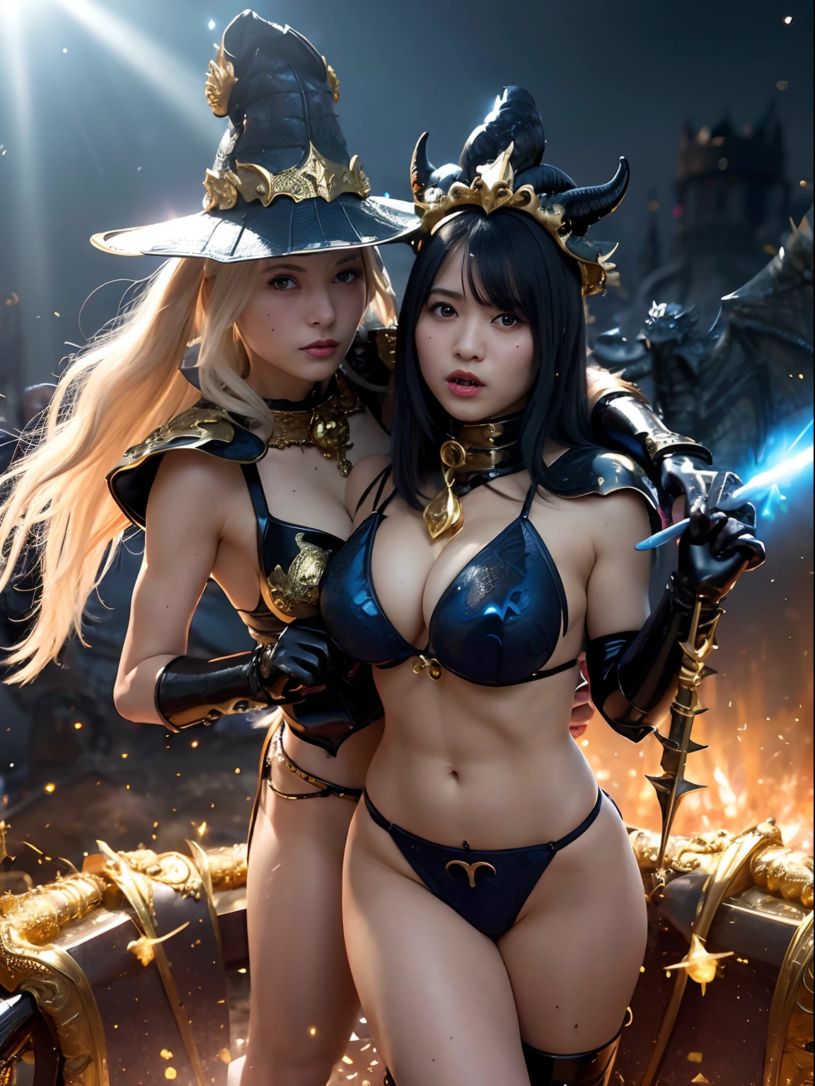 ((World of Darkness)),Professional , masterpiece、top-quality、photos realistic , depth of fields 、(((With a magic wand of gems))),(Dragon Black Metal Body:1.9),(latex black-blue、(cleavage of the breast)、(intense fighting),Dragon Gold Weapon、(((Particles of light))),(Micro Bikini Armor:1.7),Gorgeous gold weapons ,(Fight dragons)、Seductive look、,Blood on the face,Blood Rain,Blood fog、(blood splattere、((((With a shining magic wand))), ) , (((Wearing a black latex wizard hat))),(demonic wings) ,((a blond))、(Castle background)、((Gangle's forest background))、Beautiful Caucasian beauty、1a person、dynamic ungle,(((Detailed and ornate dragon wizard hat)))、Smaller head、A smile、Castle background、Thin and beautiful female hands、cleavage of the breast、Soldier in iron armor on background、Mystical expression、Light Effects、intense fighting、Wind-effect、magic circles、With the legendary magic wand、Dragon's tail、explosions、Toostock、Toostock、(a beauty girl),