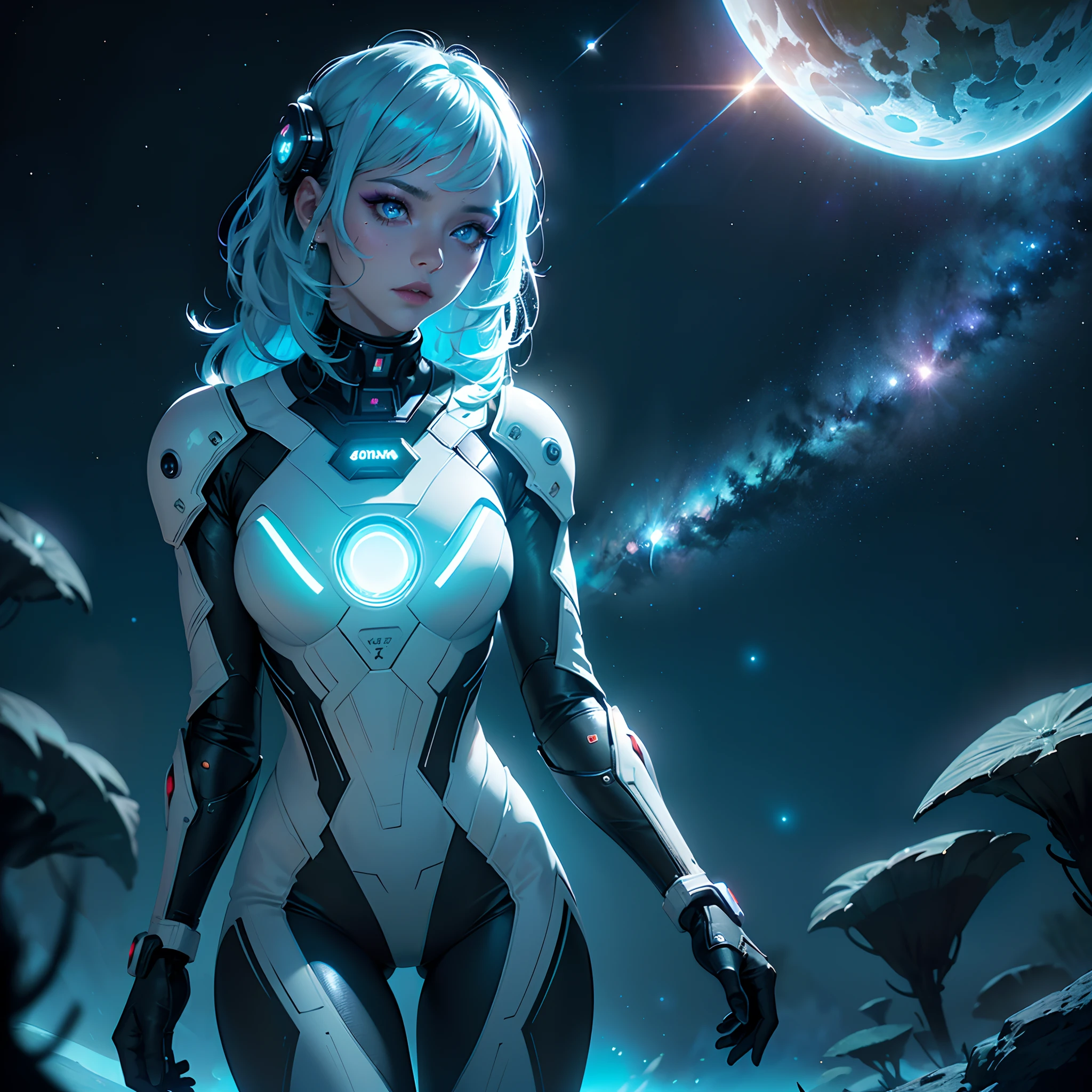 (Masterpiece:1.2), best quality, (night sky, medium length hair:1.2),(illustration:1.2), beautiful scenery, scared,(Masterfully crafted Glow, lens flare), (ultra-detailed), hyper details, (delicate detailed), (intricate details), (cinematic light, best quality Backlights), clear line, new world, viewer, solo female,(spacewoman, space), solo female, perfect body, (1girl), (Bright bioluminescent hair  hair, bright glowing eyes), (galaxy ,alien planet),(astronaut wearing sexy futuristic formfitting spacesuit:1.1), slightly closed eyes, (cyberpunk), (Dynamic:1.3), ((makeup)), high contrast, (best illumination, an extremely delicate and beautiful), ((cinematic moonlight)), colourful, ((Photoshop Pastel Painting:1.1)), ethereal, (Cinematic masterpiece),suspense, fear, (interstellar), splashes of colour, absolutely eye-catching, ((caustic)), dynamic angle ,beautiful (detailed glow), (eerie),(Intricate Detailed Cinematic Scenery Behind:1.2),ambient occlusion, (ambient moonlight), ray-traced reflections, intricately detailed visible background , (glowing spacesuit), Terrifying, (bioluminescent vegetation:1.2), terror, uneasy, futuristic, horrifying, (hologram heads up display), (Exquisite large comet)