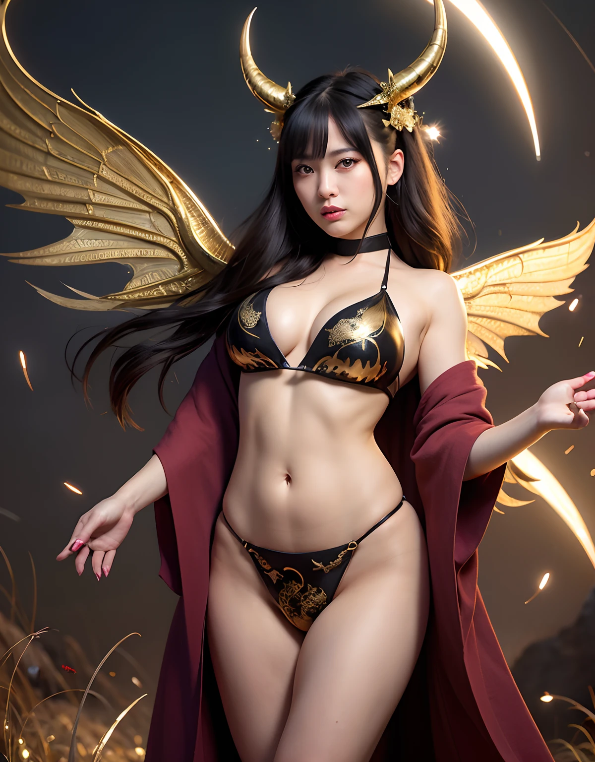 ((World of Darkness)),Professional , masterpiece、top-quality、photos realistic , depth of fields 、Dark Fantasy、(ultimate beauty girl)、(shooting stars:0.9)、(nebulas:1.3)、A dark-haired、(White bikini armor)、(Mystical expression)、(The fox has five tails)((Fight dragons)),(Wear a beautiful kimono),(Wear a beautiful kimono with colorful floral patterns)、Jewel Gold Weapon、Particles of light),(Has a devil's mask)、Gorgeous gold weapons ,(( Gorgeous Dragon Sword)) , (Fox Mask),,(maikurobikini) 、((Black Haired Beautiful Girl))、(Castle background)、(demonic wings)、((Gangle's forest background))、Beautiful Caucasian beauty、1a person、dynamic ungle,(((Two devil's horns on the head)))、Smaller head、Idle Smile、Thin and beautiful female hands、Mystical expression、Light Effects、intense fighting、Wind-effect、magic circles、With the legendary magic wand、Dragon's tail、