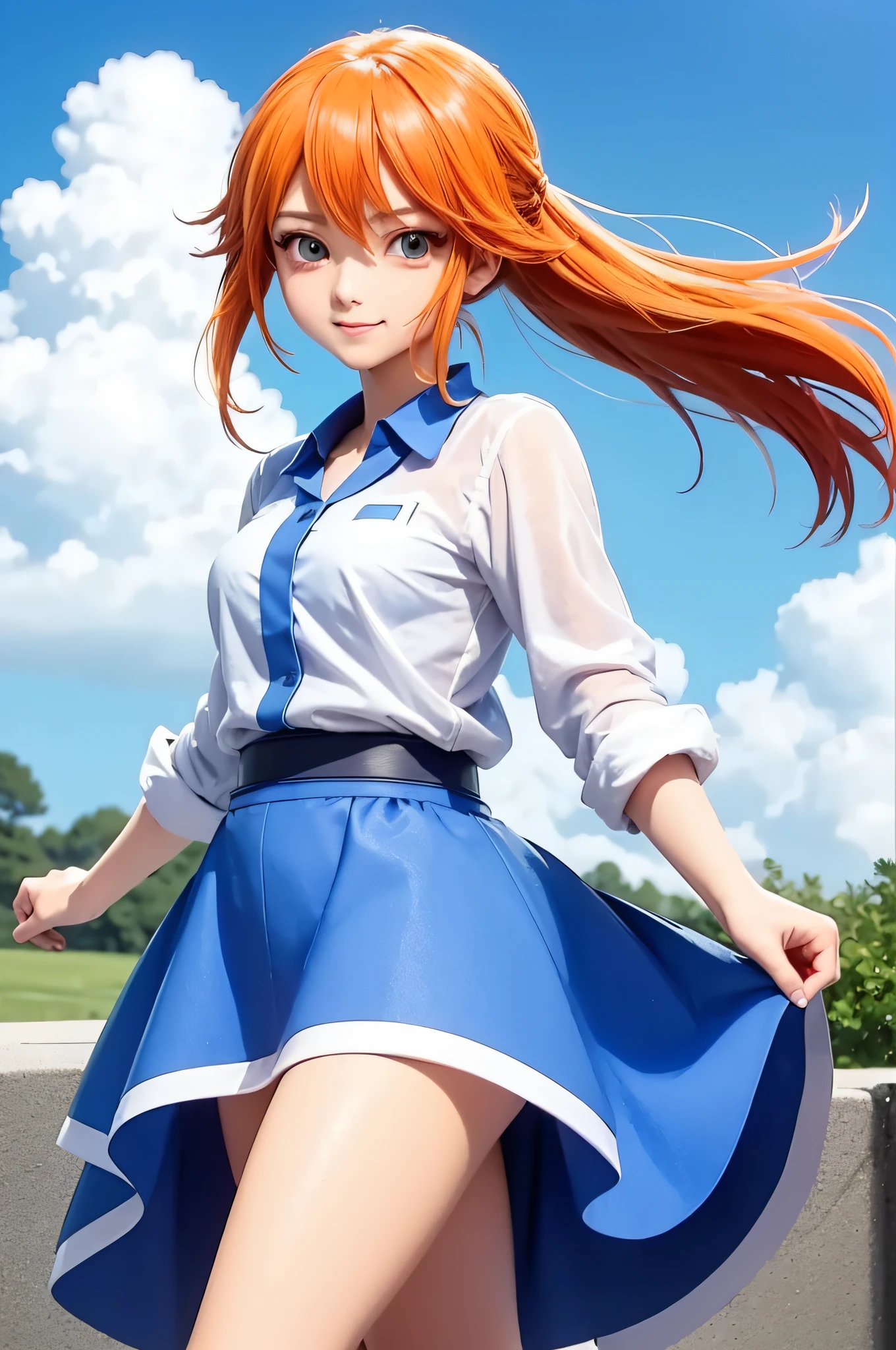 1girl, anime coloring, blue sky, close-up, cloud, cloudy sky, day, face, green eyes, looking at viewer, male focus, misty \(pokemon\), orange hair, outdoors, shirt, sky, smile, solo