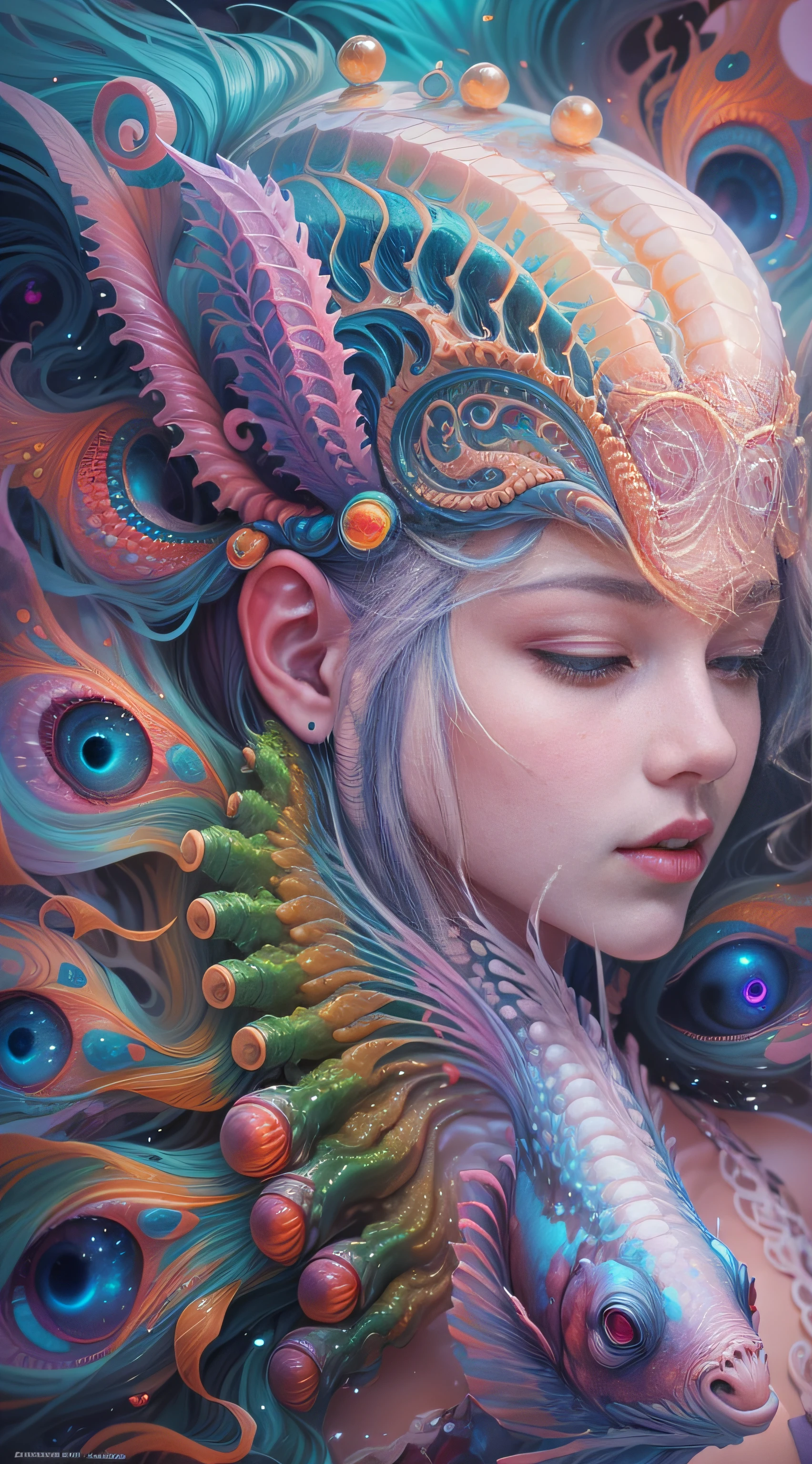 best qualtiy，tmasterpiece，超高分辨率，（photograph realistic：1.4），ultra-realistic realism，Dream-like，The beautiful blue-skinned goddess wears a phoenix peacock on her head, Nautilus, a betta fish，The creation of fantasy，Brain conch，Dream Conch，Biopunk Nautilus，Thrilling color scheme， ultra-realistic realism， abstracted， psychedelia,