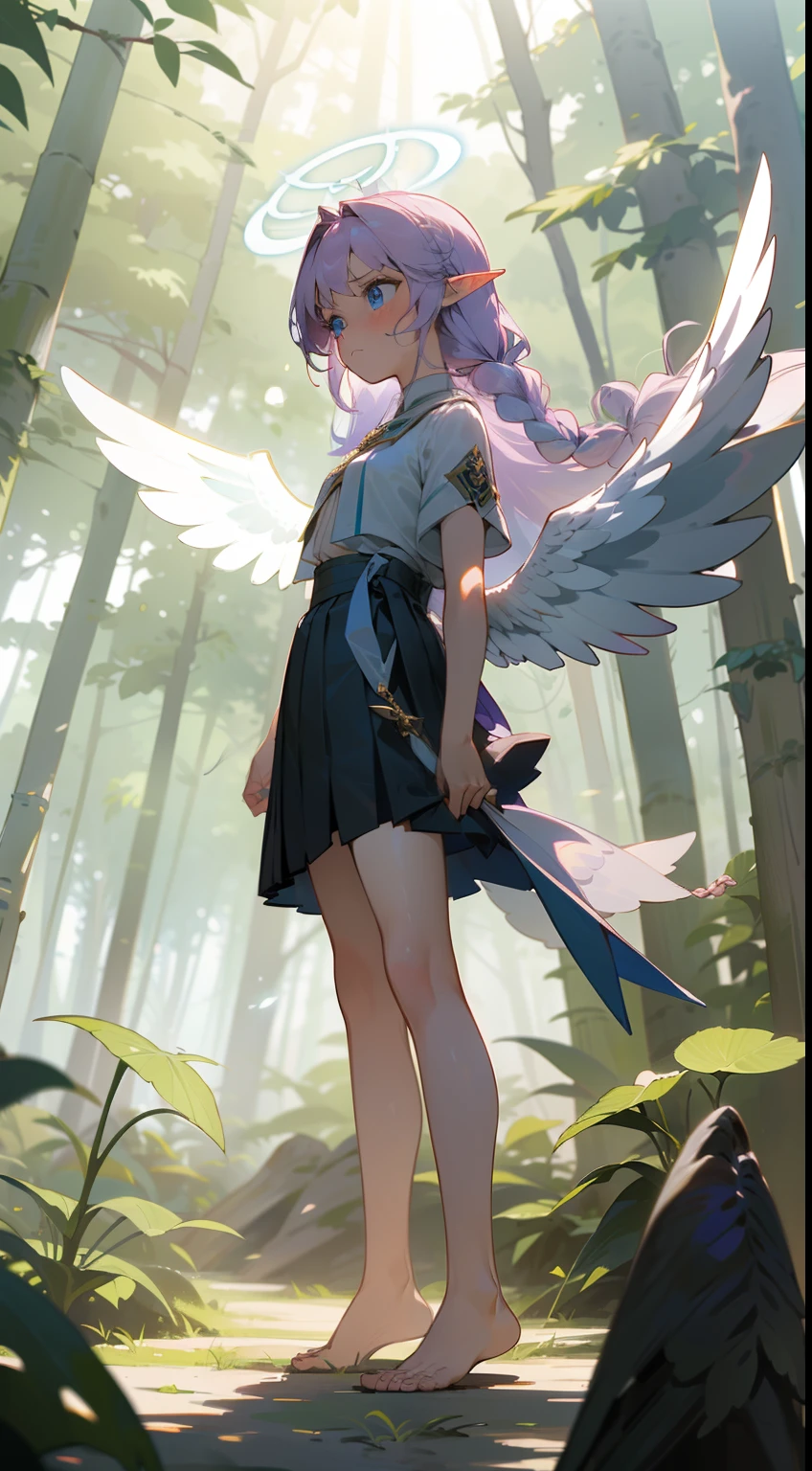 1girl,20s,solo,sad face,white school shirt,black scholl skirt,small tits,light purple hair,long hair,braided hair,(((Angel of Light Angelica Wings))),blue eyes,,elves ears,barefoot,(((standing in front of a forest)))