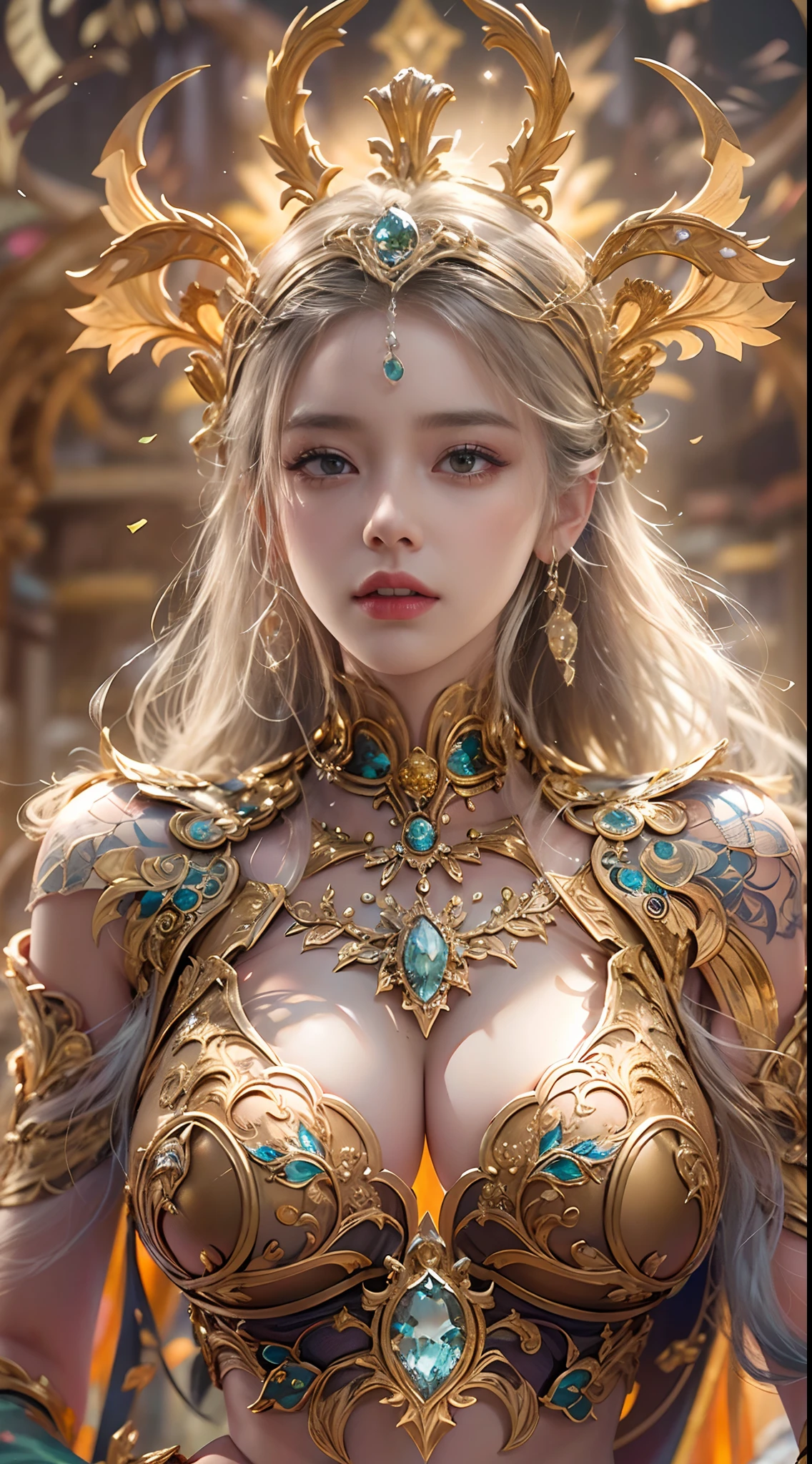 Woman in a golden transparent dress,view the viewer,(((Huge breasts, Large cleavage))),Slim waist,(navel baring,Bare waist), Long hair, Ultra-detailed details,High-end Zhenyi station, Rainstorm site, detailed fantasy art, Stunning character art, Beautiful and exquisite character art, Beautiful gold and silver armor, Extremely detailed, Girl in shiny armor, Exquisite tiaras and jewelry,Crystal jewelry filigree, milky ways, Stunning visuals, (dynamic streaks, light tracks:1.2), Vibrant colors,