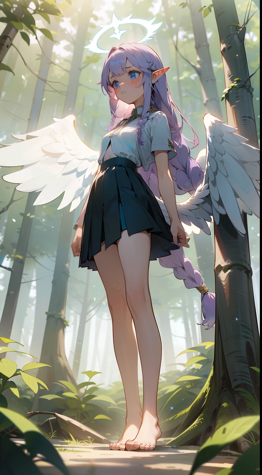 1girl,20s,solo,sad face,white school shirt,black scholl skirt,small tits,light purple hair,long hair,braided hair,(((Angel of Light Angelica Wings))),blue eyes,,elves ears,barefoot,(((standing in front of a forest)))