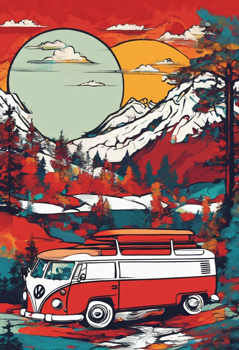 Vector t-shirt art red Volkswagen combi colorful doodle illustration ready to print, Swiss Alps, Tall trees, 夏天, Night time, camp fire, Volkswagen Kombi
