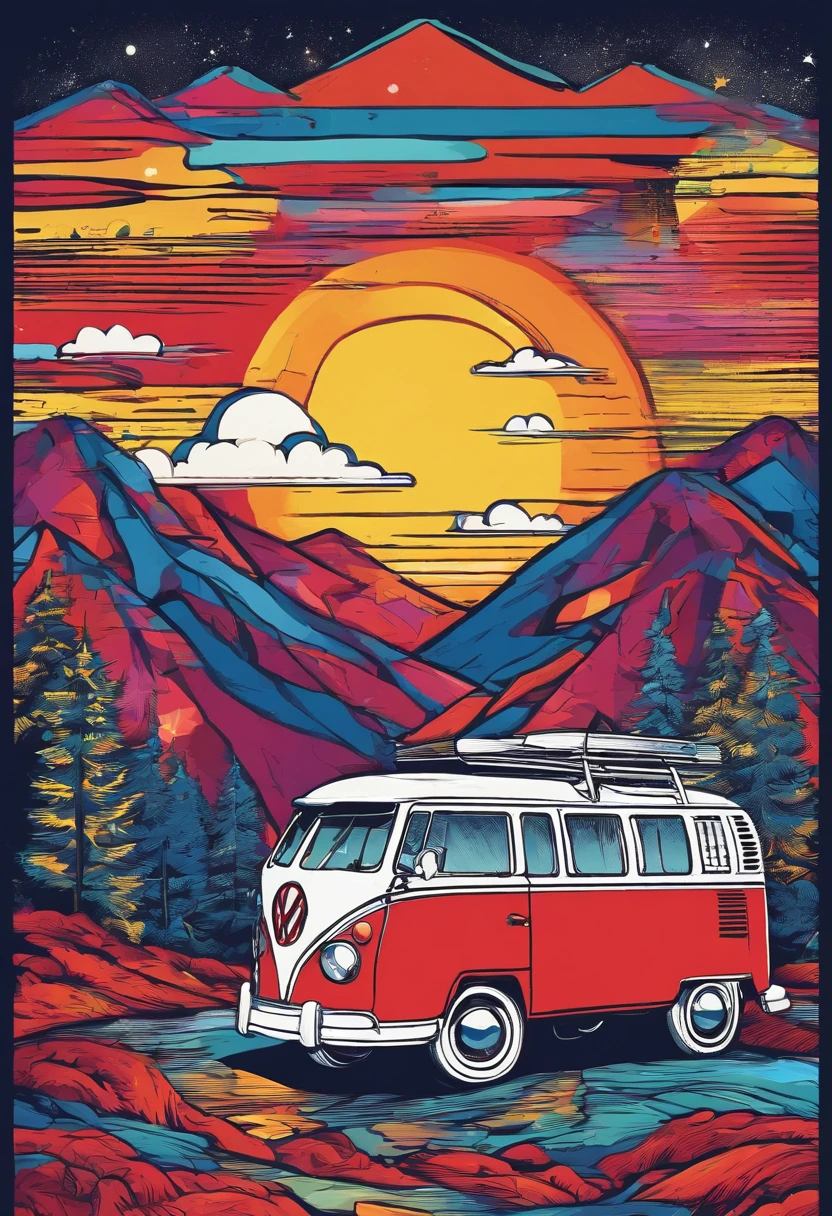 Vector t-shirt art red Volkswagen combi colorful doodle illustration ready to print, Swiss Alps, Tall trees, 夏天, Night time, camp fire, Volkswagen Kombi