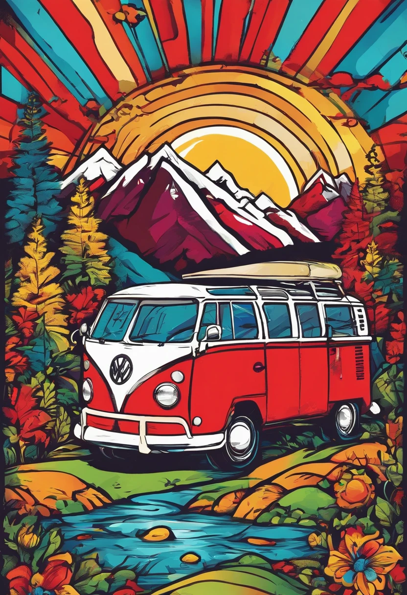 Vector t-shirt art red Volkswagen combi colorful doodle illustration ready to print, Swiss Alps, Tall trees, 夏天, Night time, camp fire, Volkswagen Kombi