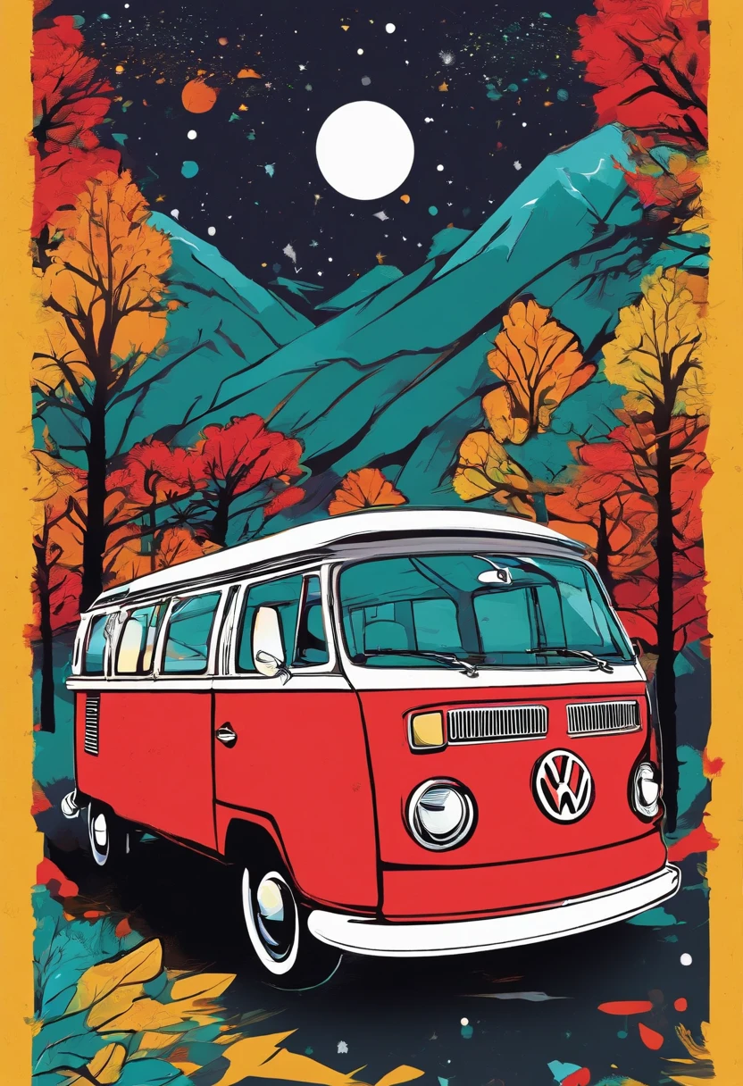 Vector t-shirt art red Volkswagen combi colorful doodle illustration ready to print, Swiss Alps, Tall trees, 夏天, Night time, camp fire, Volkswagen Kombi