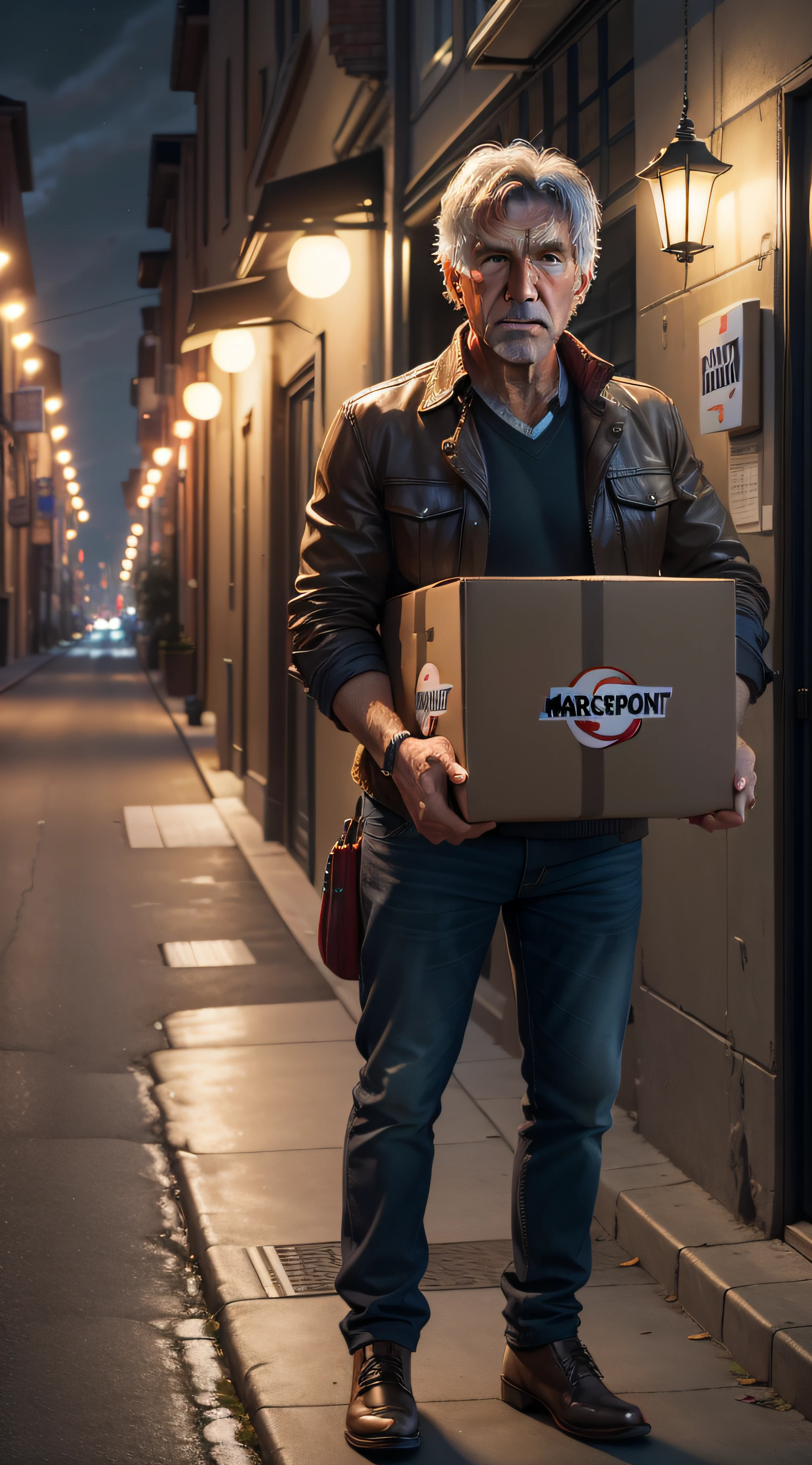 (Masterpiece, 4k resolution, ultra-realistic, Very detailed), Harrison Ford loads boxes of cherries (urban landscape, in night, dinamic lighting)
