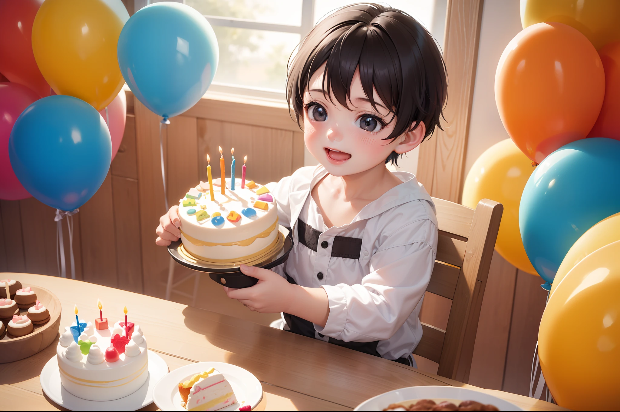Description of a photo of a boy celebrating his second birthday, Imagine a bright morning full of joy and joy, You find yourself in a beautiful garden decorated with colorful balloons and bright decorations, See a beautifully decorated table filled with colorful cakes and sweets, Watch the little boy celebrate his second birthday, Wear a colorful and cheerful outfit, The child seems happy and excited for this special occasion, You watch the baby laugh and enjoy having friends and family around you, He sits on a small chair and tries to blow out the candles on a delicious birthday cake, He wishes the child with all strength and happiness and everyone starts clapping and cheering full of joy, You feel warm and happy watching this special moment, You see other children playing, laugh, Enjoy toys and gifts, Laughter and joy fill the air, And I feel the happiness and joy of this little boy who is celebrating his second birthday, This is a picture of a child celebrating his second birthday, Surrounded by friends, Family and joy, The child feels happy and cheerful and enjoys gifts, Sweets and special moments, ((The color of the cake is green)), (The child has a beige skin color), ((Black Eyes)), (2 Years), (Birthday Party 2), Balloon no. 2, ((Baby)), ((Baby)), 8k, Quilty Altitude, Realistic, Beautiful realism, outstanding detail, RAW photo, Realistic clothes, realistic hair, Light and cool lighting, realistic photo, Cel shaded, Gel lighting, ultra-detail, realistic eyes, (Black hair)