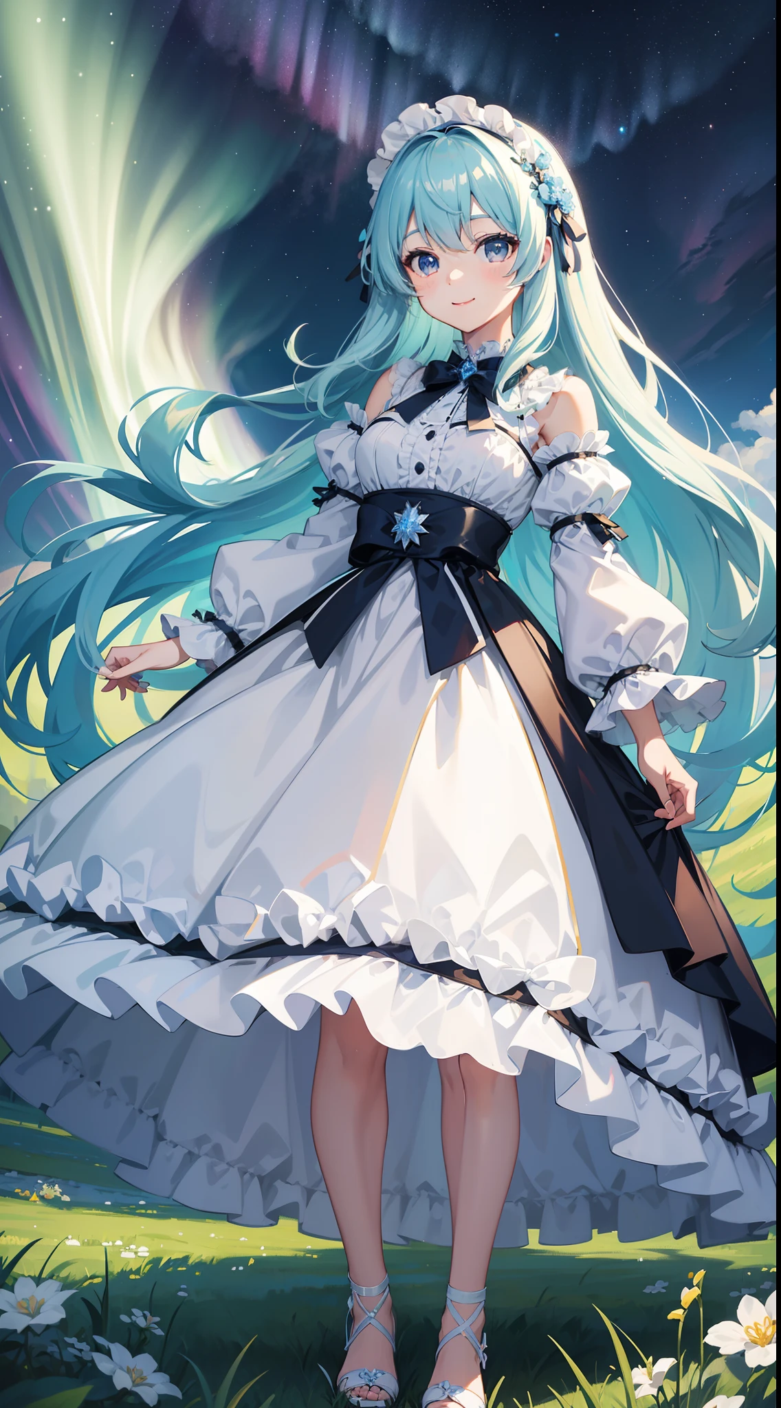 pretty idol girl　A charming smile　Light blue long hair　Black eyes　Dresses with white and blue ruffles、standing in a grass field、Starry sky with beautiful aurora borealis、Fantastic night scenery、Moonlight。Face Highlights。