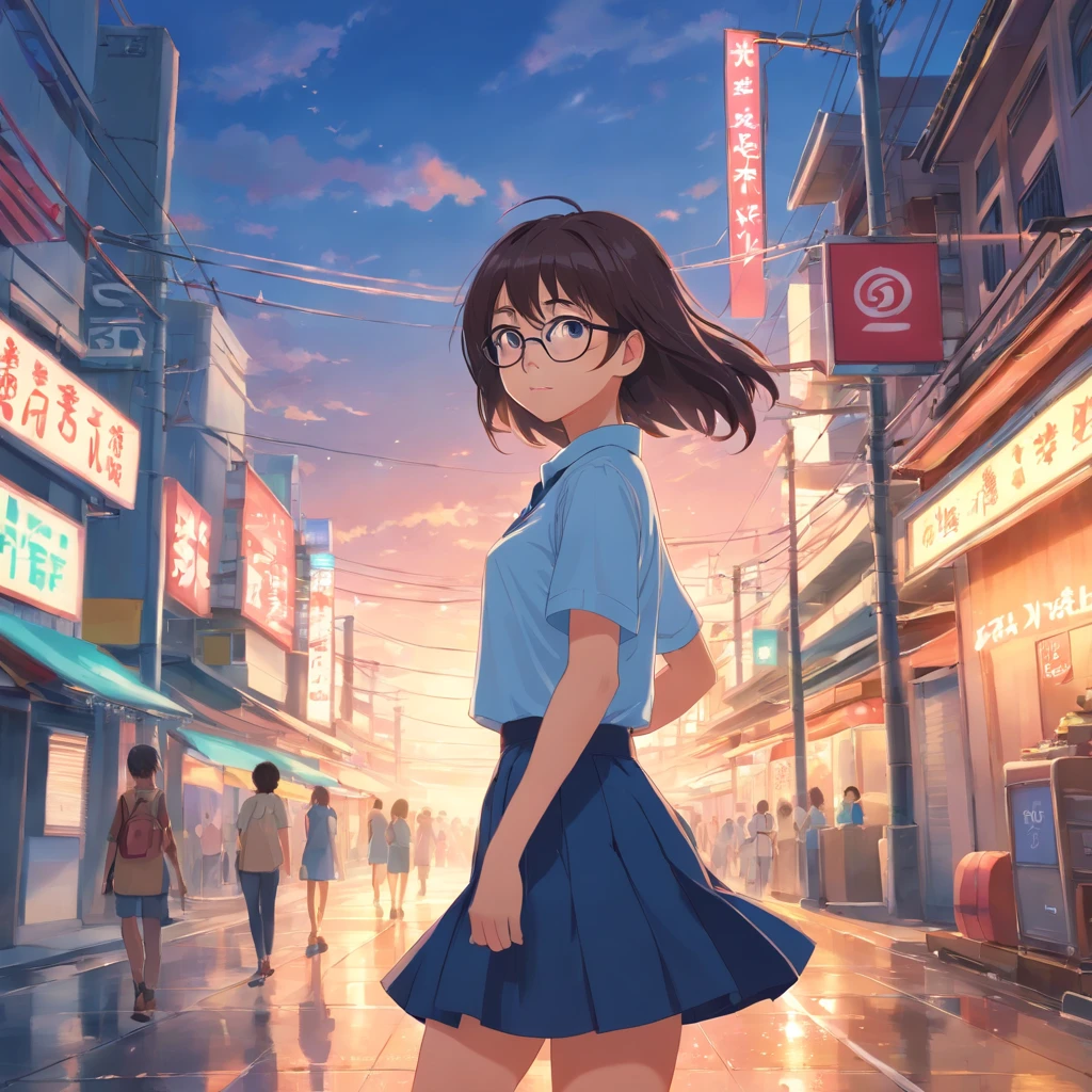 masterpiece, beautiful young girl japanese-indonesian, cute young girl in a shirt and short skirt, girl long hair, girl wearing thin rounded glasses, cute young woman, asian, background placed in Indonesia, ideal girl, full body look