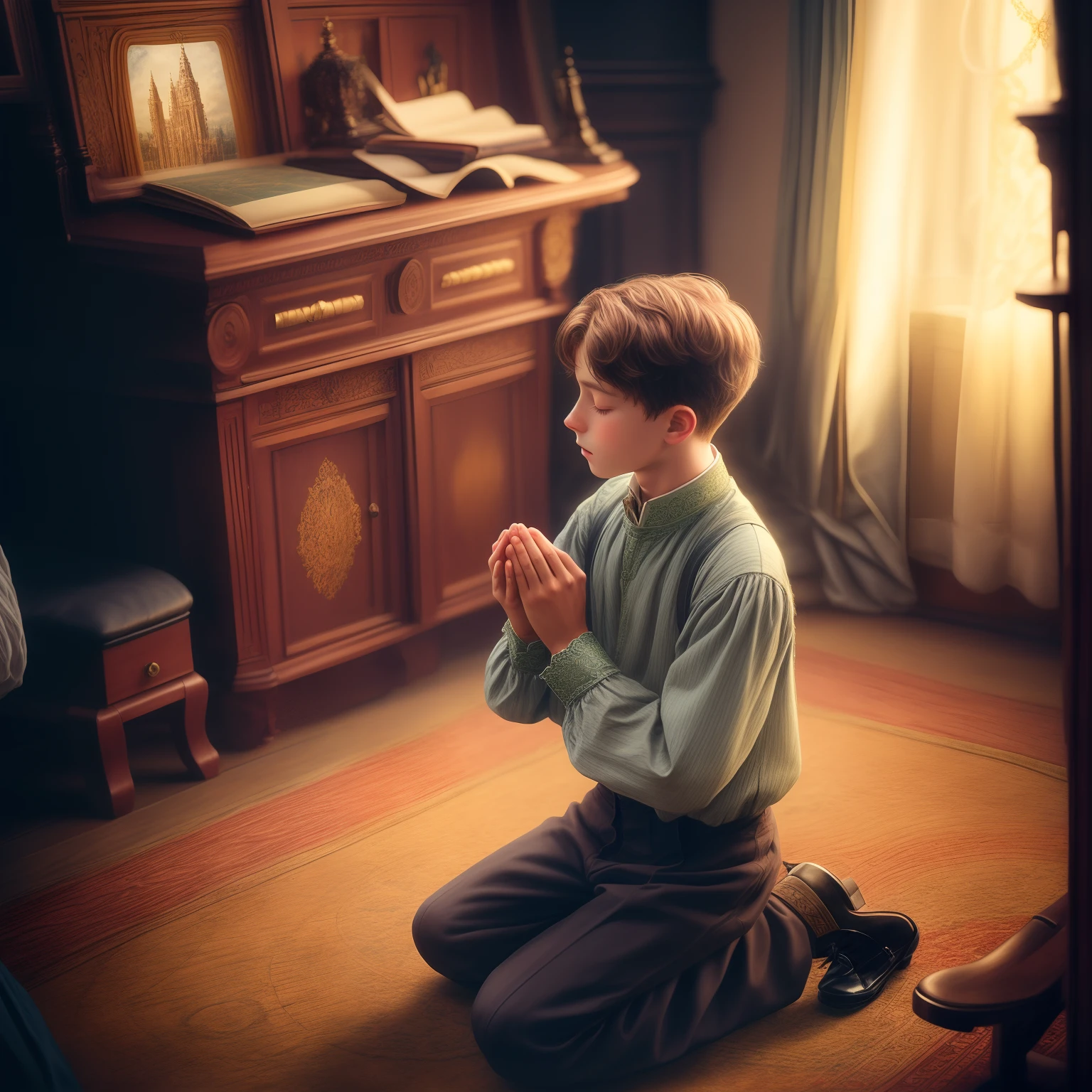 There is a boy sitting on the floor praying, kneeling in prayer, an ultrarealistic photo, Victorian era, photorealistic, Victorian era colors, photorealistic