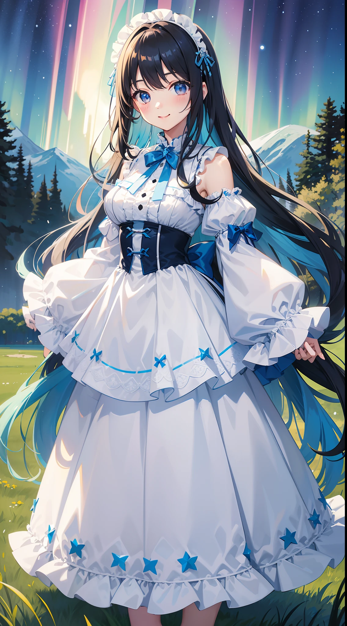 pretty idol girl A charming smile Light blue long hair Black eyes Dresses with white and blue ruffles、standing in a grass field、Starry sky with beautiful aurora borealis、Fantastic night scenery、Moonlight。Face Highlights。