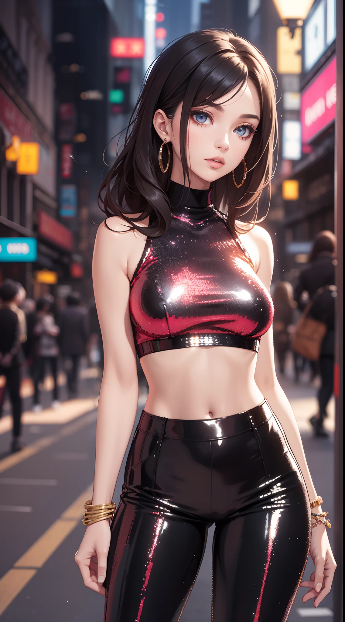 4K Ultra Sharp、Highest quality, masterpiece, Ultra-high resolution, (reality: 1.4), 16-year-old girl, Purple eyes, Off-the-shoulder sweater dress, Cinema Lighting、purple and black hair、(Mine Girl、Goth Makeup、Mine Make-up)、(Earrings、Big Breasts、An oversized black t-shirt with open shoulders、Dark mini skirt)、((Heavy makeup、Oilskin,Glowing Skin、Realistic skin texture、Beautiful skin in every detail、Shiny skin)), Dark downtown at night、night、blue film photography、Dark Cyberpunk、(Full Shot:1.8)、Thin legs、Thin arms、Narrow shoulders、Narrow waist、Slender body、微Big Breasts、whole body、Very short hair like a man、Calm pose