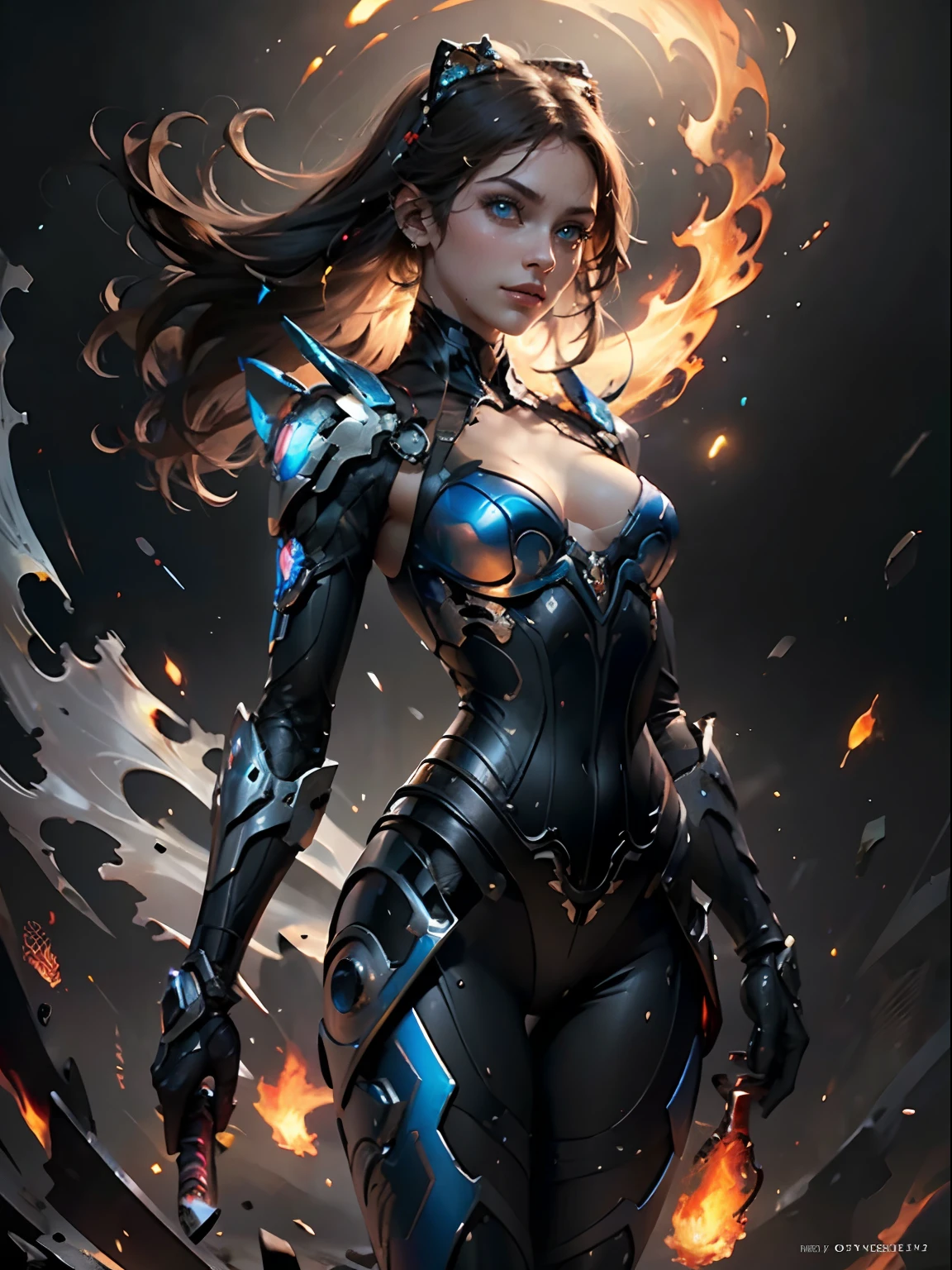 8K，tmasterpiece，best images quality， tmasterpiece， 超高分辨率， （Fidelity：1.4）Kizi，blue color eyes，Eyes with fire，Beautiful face,Beautiful eyes，Holding a dark red katana（The blade carries a roaring flame），（Translucent body，Reflex the skin），(((Masterpiece))), (((best qualityer))), ((Ultra-detailed)), (illustration), (detailed light), ((an extremely  delicate and beautiful))，The mech has a smooth surface， (highdetailskin:1.2)，Proper body proportion、perfect anatomia，complex mechanical bodysuit、mecha corset、tightsuit，（The mech is slightly transparent）20yr old，The mech is ready，There are many blue flames around the figure