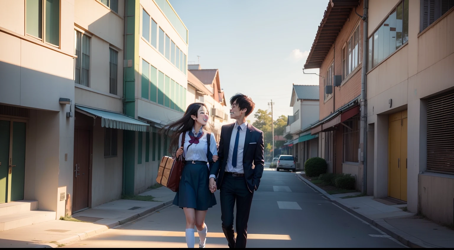 In the center of the screen is Minjun, Sohee, Sunwoo, It appears that the future is walking together. They are walking on their way to school., The expression is bright and happy,, Talking and laughing with each other.
Sohee is talking to Minjun with a smile, He presses his lips tightly with a smile and tells Minjun some funny story.
Sunwoo presses against Minjun's shoulder, his hands on a big smile, and they are talking lively.
The future smiles with anticipation and enthusiasm for the adventure in front of the school,, I'm looking forward to the journey ahead.
In the background, school buildings and playgrounds are spontaneously spreading out,, Under the blue sky, the adventurous journey of friends is beginning.