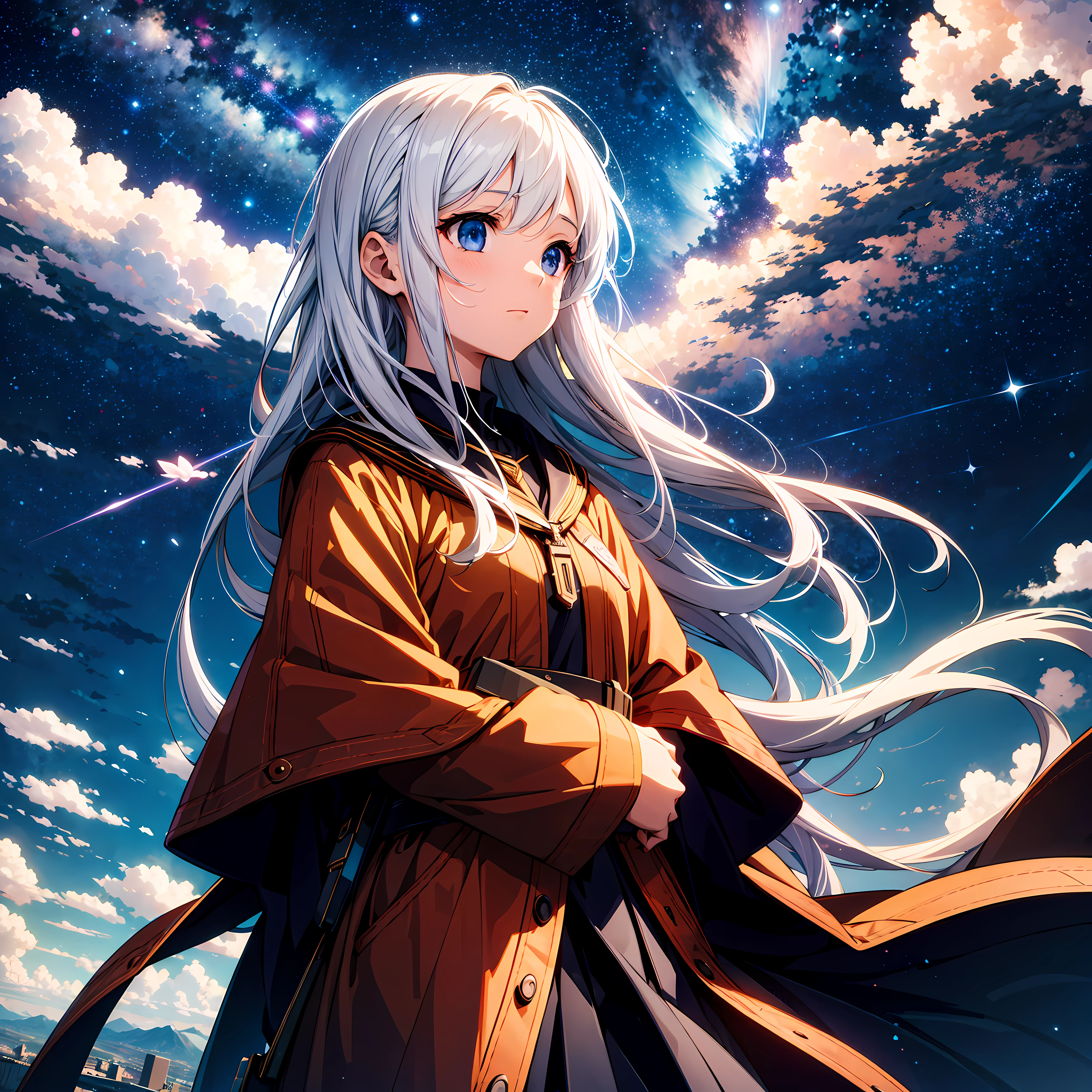 absurdres, highres, (official art, beautiful and aesthetic:1.2), close view,
1girl, shining sky, vast world, gazing, awe-inspiring expression, distant horizon, clouds, high hill, natural beauty, inspiration, night sky, Shining Stars,