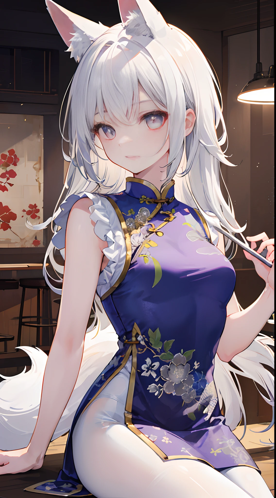 (masterpiece, best quality:1.3),beautiful detailed glow,best illuminate,(((best quality,textile shading,ultra detailed))),extremely detailed CG unity 8k wallpaper,Highly Detailed beautiful and aesthetic,best light,high resolution,detailed,dynamic lighting,Cheongsam
1girl, solo,fox girl, restaurant, small river, Chinese style clothes, medium breasts, intricate details,white hair,close-up,(white pantyhose)