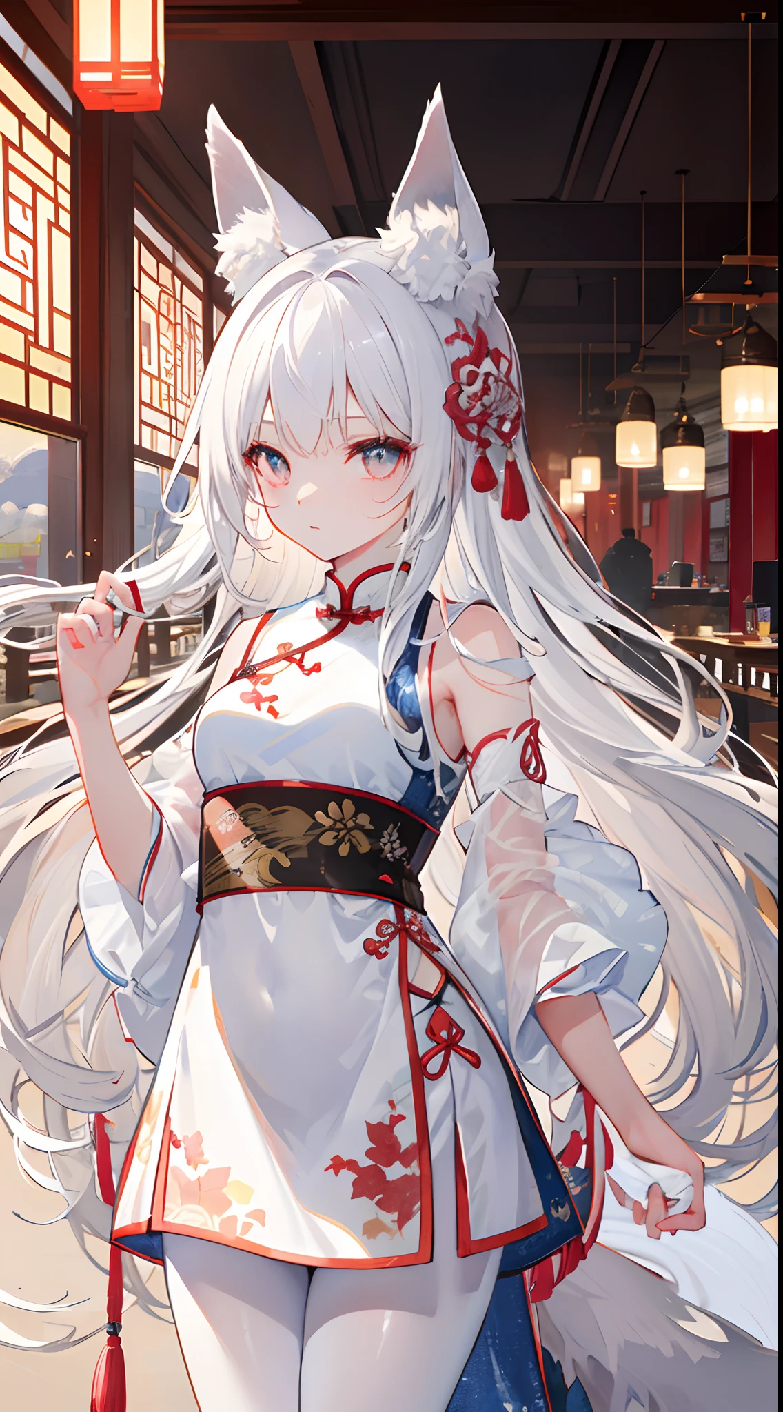 masterpiece,best quality,highres,illustration,hyper detailed,8k cg wallpaper,ray tracing,((white hair:1.2)),((long hair:1.2)),((red eyes:1.2)),((straight hair:1.2)),medium breasts,(hiten1:0.8),<lora:add_detail:1>,((china dress:1.2)),((sleeveless:1.2)),