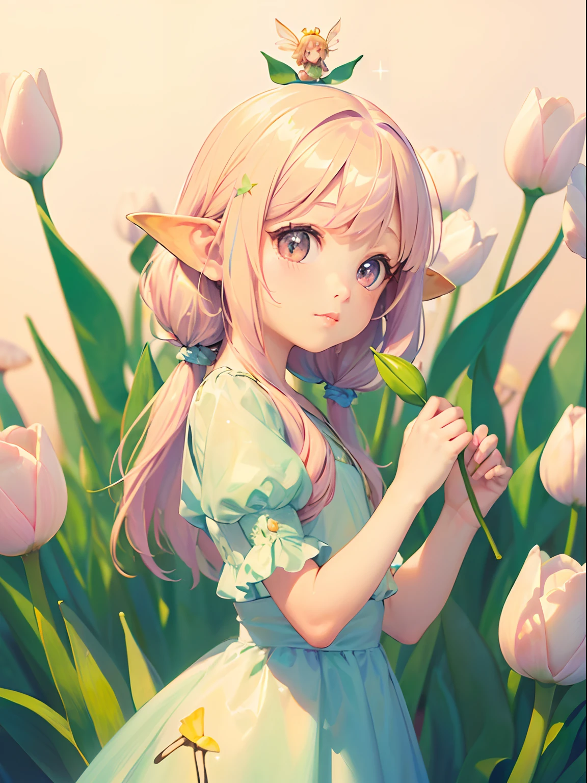 (Thumbelina:1.3), (extremely small girl, girl growing in tulip patal:1.2), (mushroom on head),
break
(sparkle:1.2), (pastel color:1.3), (flat color:1.2), (hyperrealistic, raw photo),