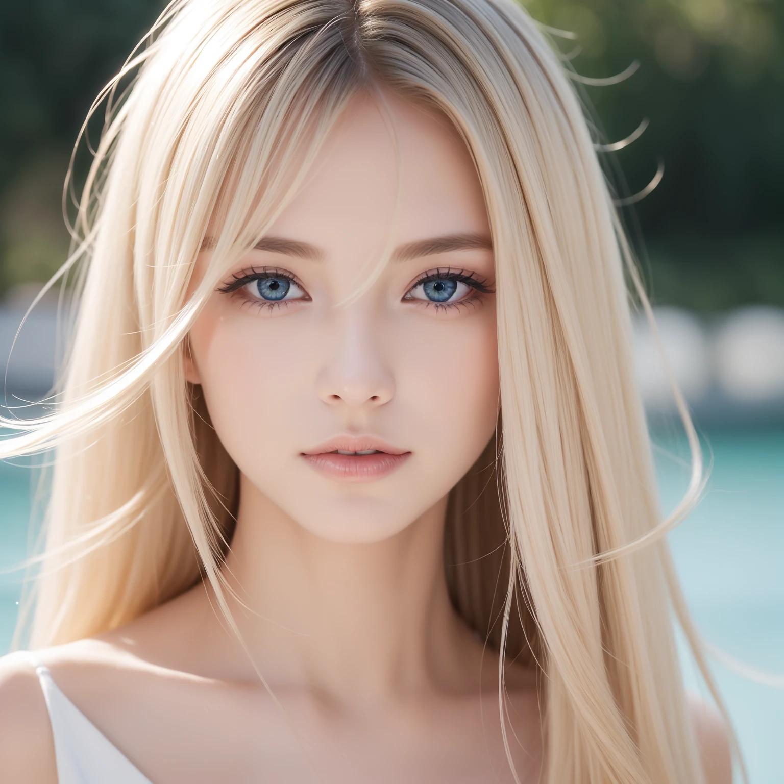 Peau blanche transparente brillante、Wind hair gets in the way of a pretty face、Colossal、20 ans mignon sexy petit beau visage、De beaux cheveux raides qui brillent、grand, Yeux bleu clair brillants、Longue frange soyeuse couvrant les yeux mignons, Sexy visage cachant cheveux super cheveux longs sexy mignon jeune femme long naturel blond brillant cheveux brillants