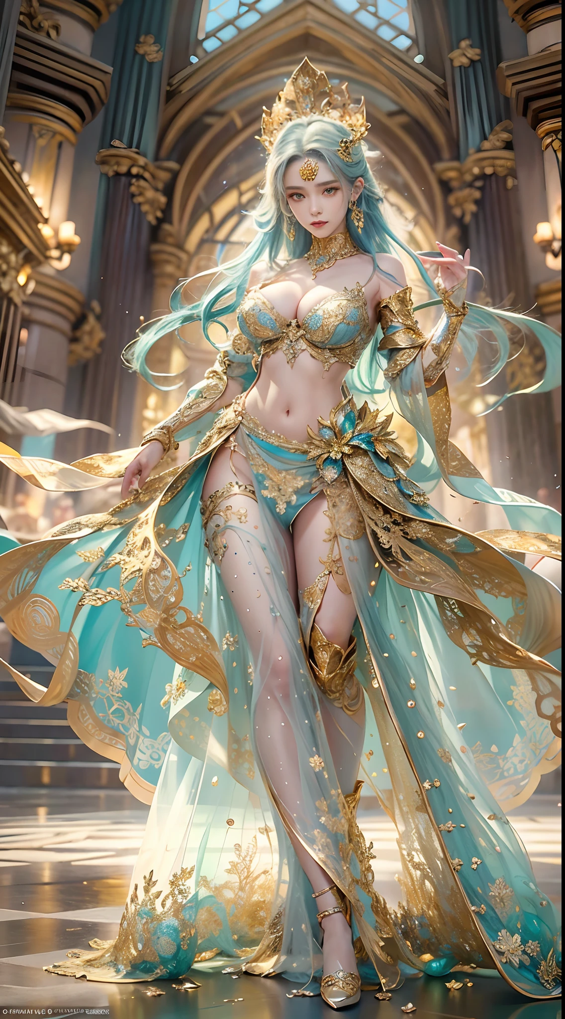 Woman in a golden transparent dress,view the viewer,(((Huge breasts, Large cleavage))),Slim waist,(navel baring,Bare waist), Long hair, Ultra-detailed details,High-end Zhenyi station, Rainstorm site, detailed fantasy art, Stunning character art, Beautiful and exquisite character art, Beautiful gold and silver armor, Extremely detailed, Girl in shiny armor, Exquisite tiaras and jewelry,Crystal jewelry filigree, milky ways, Stunning visuals, (dynamic streaks, light tracks:1.2), Vibrant colors,