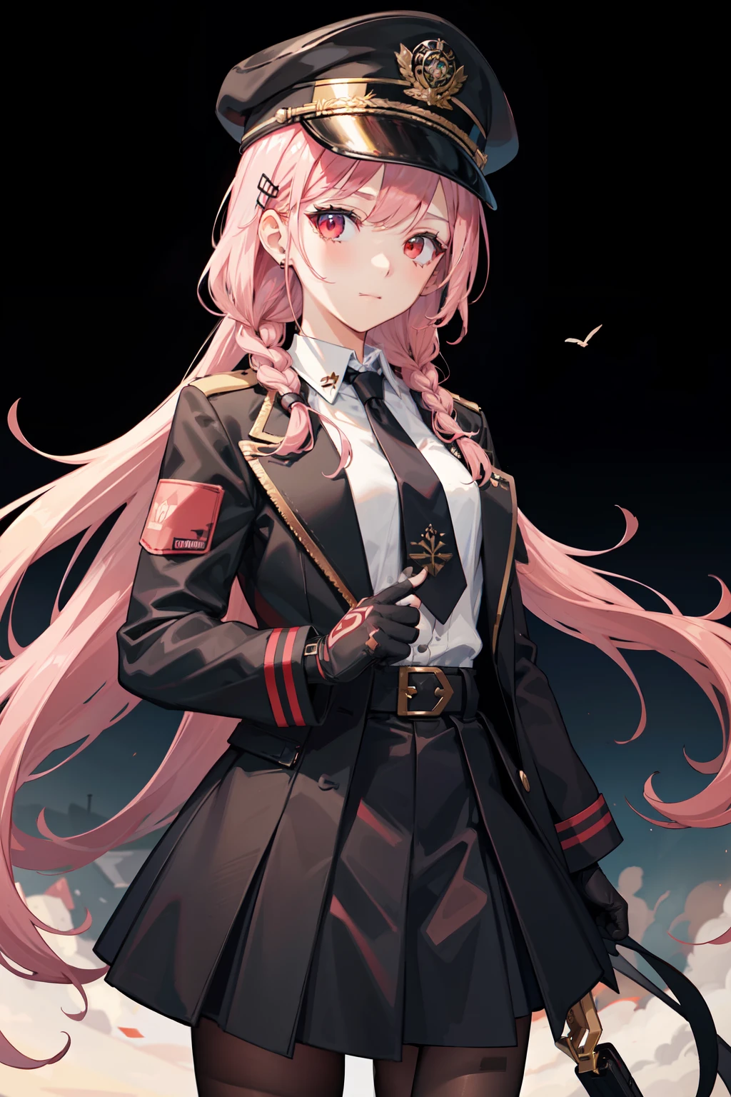 1girl, solo, long hair, looking at viewer, skirt, shirt, hair ornament, red eyes, gloves, long sleeves, hat, closed mouth, jacket, pink hair, braid, open clothes, necktie, black gloves, hairclip, hand up, fingerless gloves, black skirt, uniform, twin braids, open jacket, black jacket, black headwear, armband, peaked cap, black necktie, cropped jacket, military hat