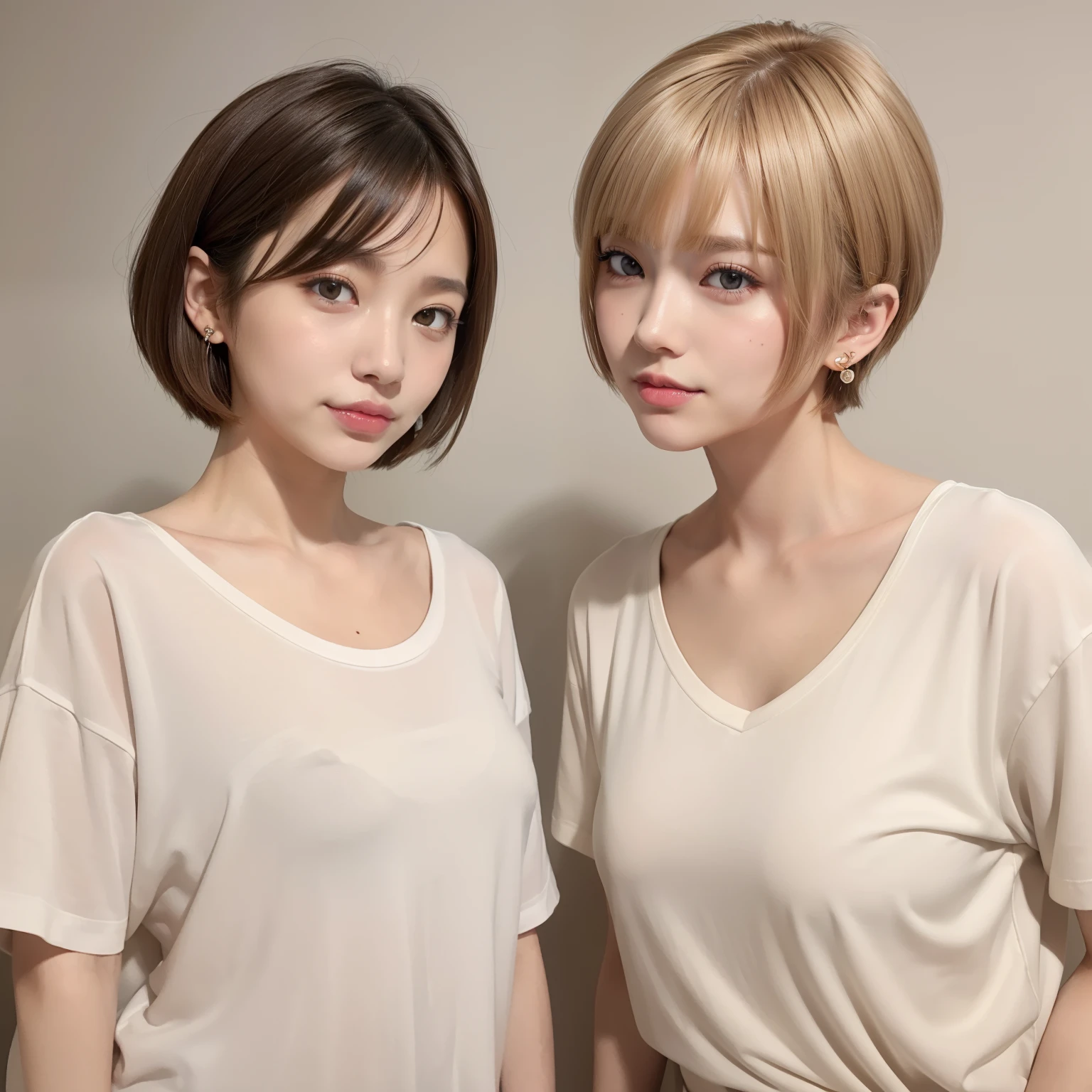 hightquality、8K、masuter piece:1.3))、1 female、25years old、A slender、T-shirt Beautiful Girl:1.3、(hairstyle on:beige、Very Shorthair、Hair color brown、Small breasts:1.2)、Plain clothes T-shirt:1.2、White wall background、hyperdetailed face、A detailed eye、Double eyelids、Cute smile、Hair Model Styles、Oblique face、Very short hairstyles、Shorthair、Mashed Hair、fluffy hair、japanes、Like a real photo、Large piercings、White T-shirt Clothes、Bust-up angle of view、Oblique profile