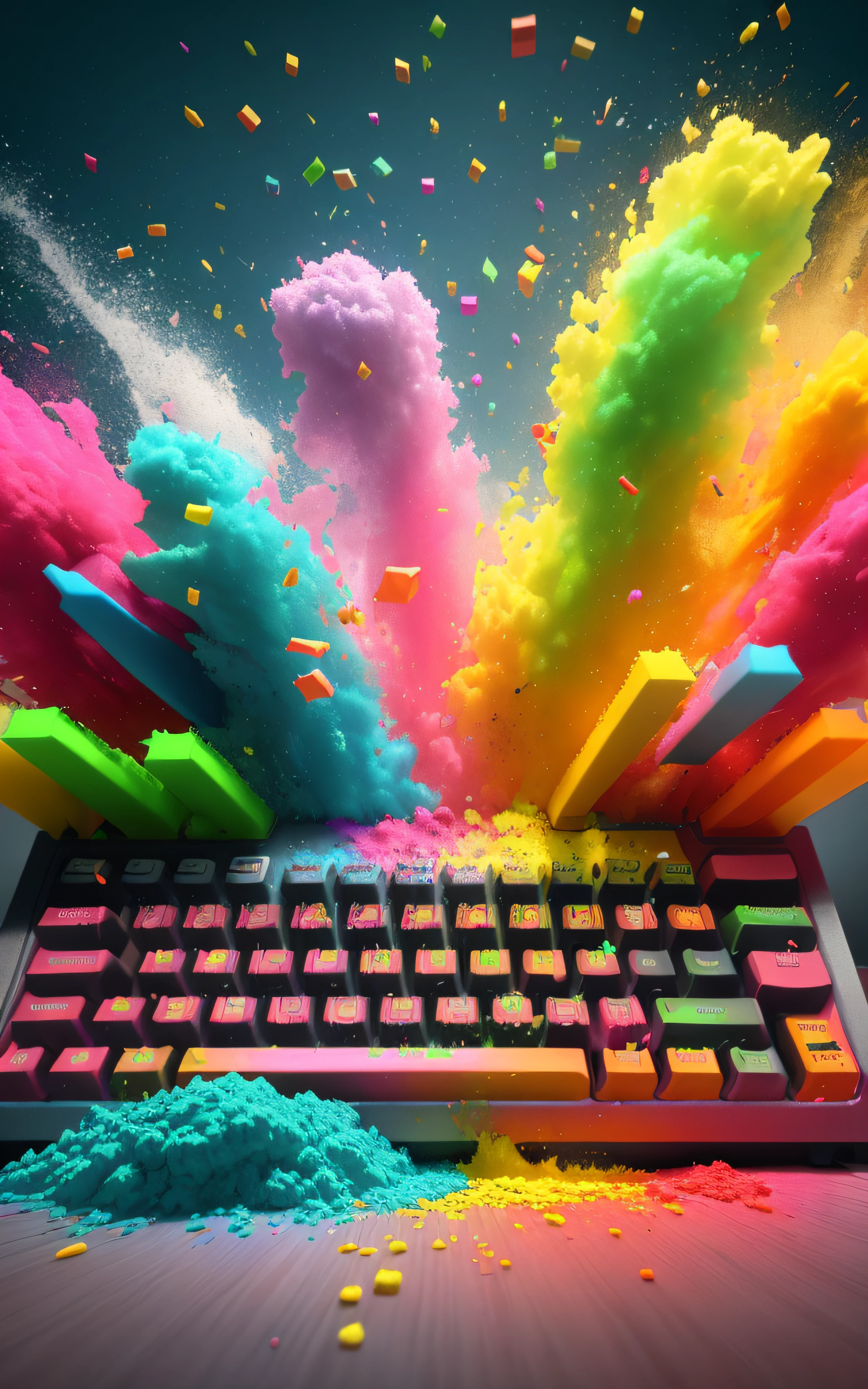 Bright colored powder is flying out of a keyboard, colorful octane render, Teclado RGB, colorful vivid octane render, colorful explosion, explosion of colors, cinema 4d render colorido, an explosion of colors, mechanical keyboard, colorful explosion, Color Explosion, tela colorida do computador, colorido 8 k, cores do bipe, arte digital colorida, cores explosivas, psychedelic dust