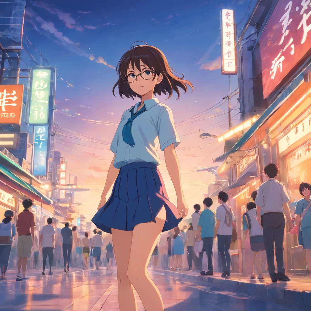 masterpiece, beautiful young girl japanese-indonesian, cute young girl in a shirt and short skirt, girl long hair, girl wearing very thin rounded glasses, cute young woman, asian, background placed in Indonesia, ideal girl, full body look, very cute girl, real makoto shinkai, based form suzume film of makoto shinkai