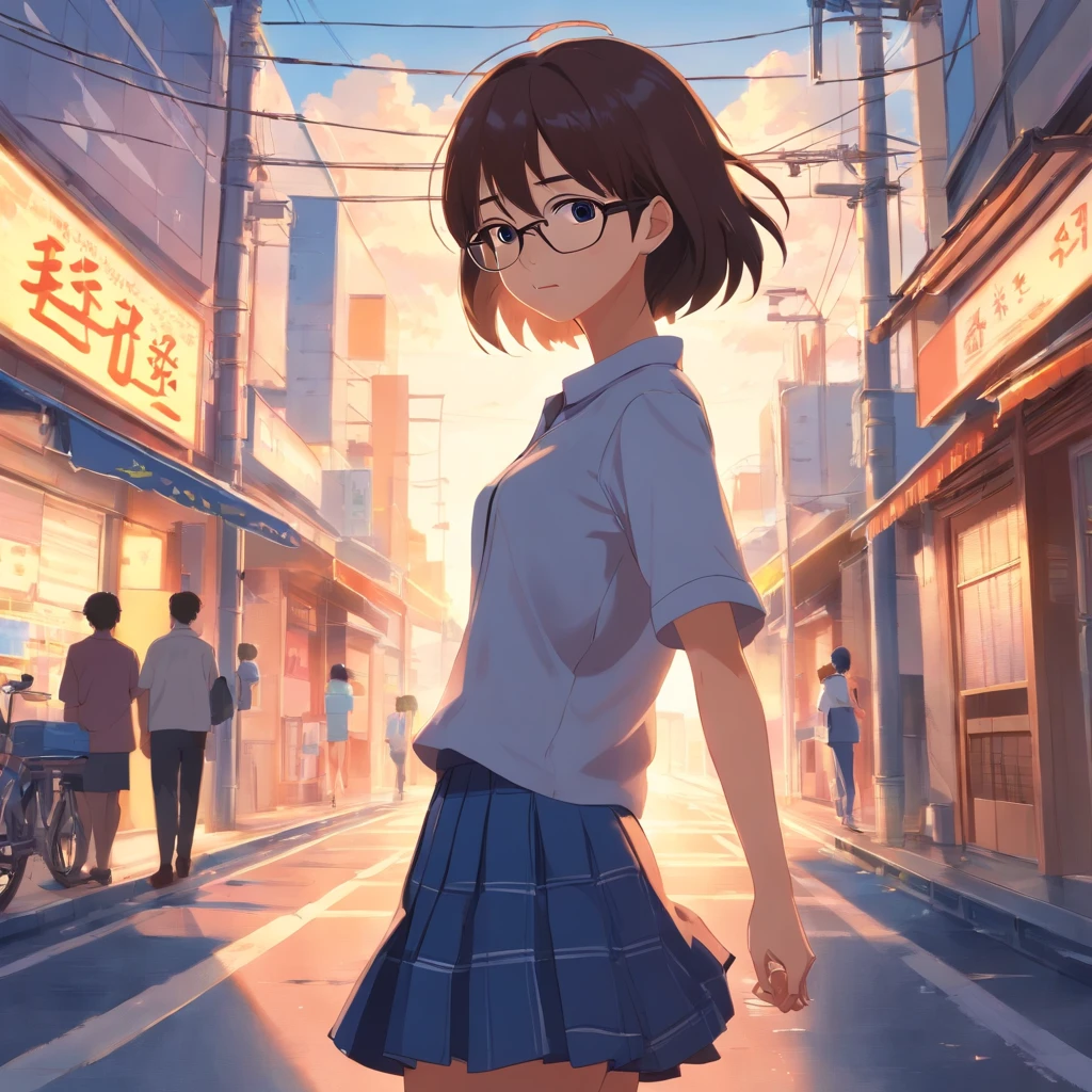 masterpiece, beautiful young girl japanese-indonesian, cute young girl in a shirt and short skirt, girl long hair, girl wearing very thin rounded glasses, cute young woman, asian, background placed in Indonesia, ideal girl, full body look, very cute girl, real makoto shinkai, based form suzume film of makoto shinkai