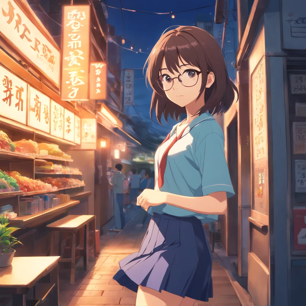 masterpiece, beautiful young girl japanese-indonesian, cute young girl in a shirt and short skirt, girl long hair, girl wearing very thin rounded glasses, cute young woman, asian, background placed in Indonesia, ideal girl, full body look, very cute girl, real makoto shinkai, based form suzume film of makoto shinkai