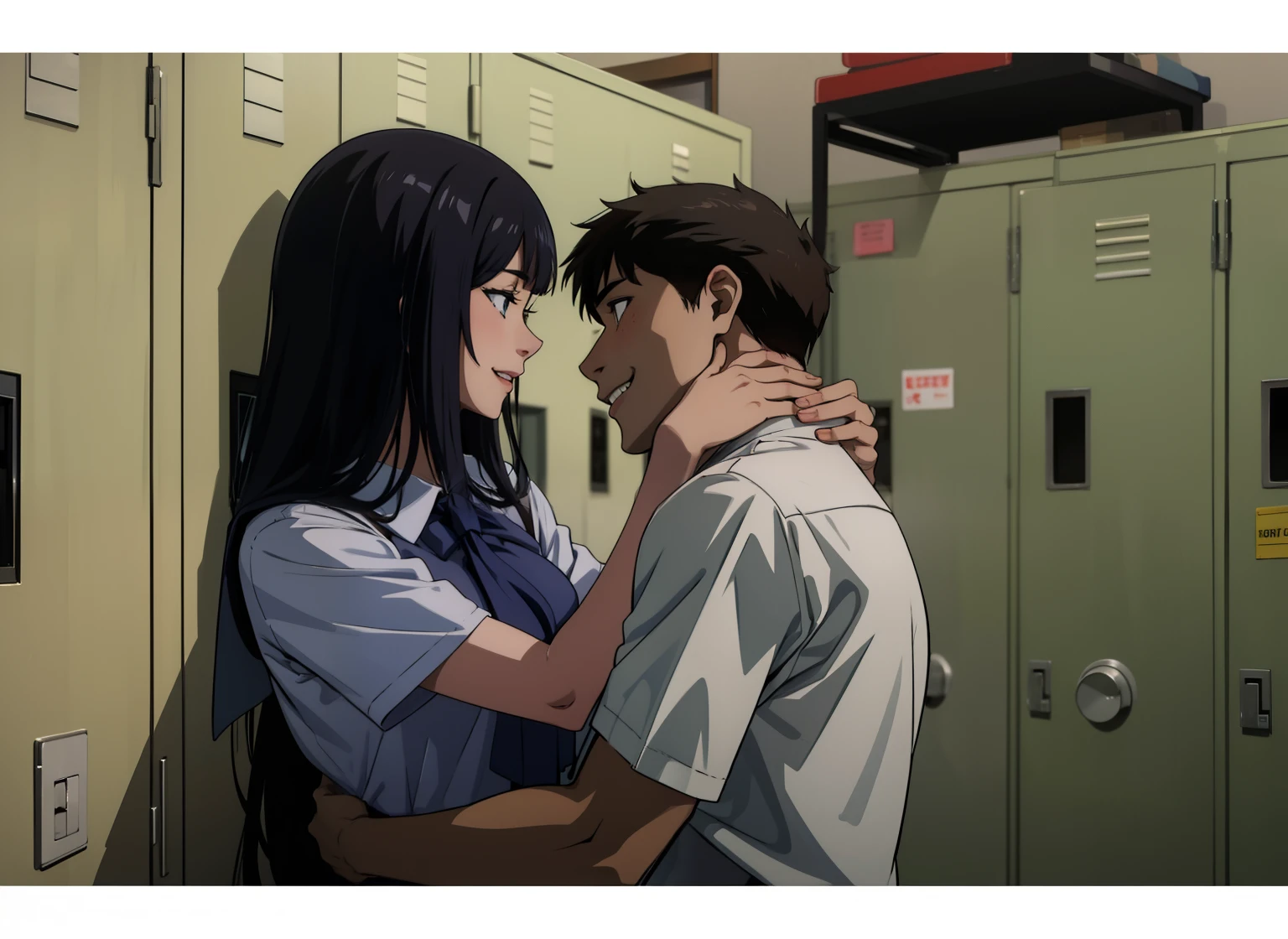 Anime scene, 1girl, highschool girl making out with a boy in a locker room, smiling