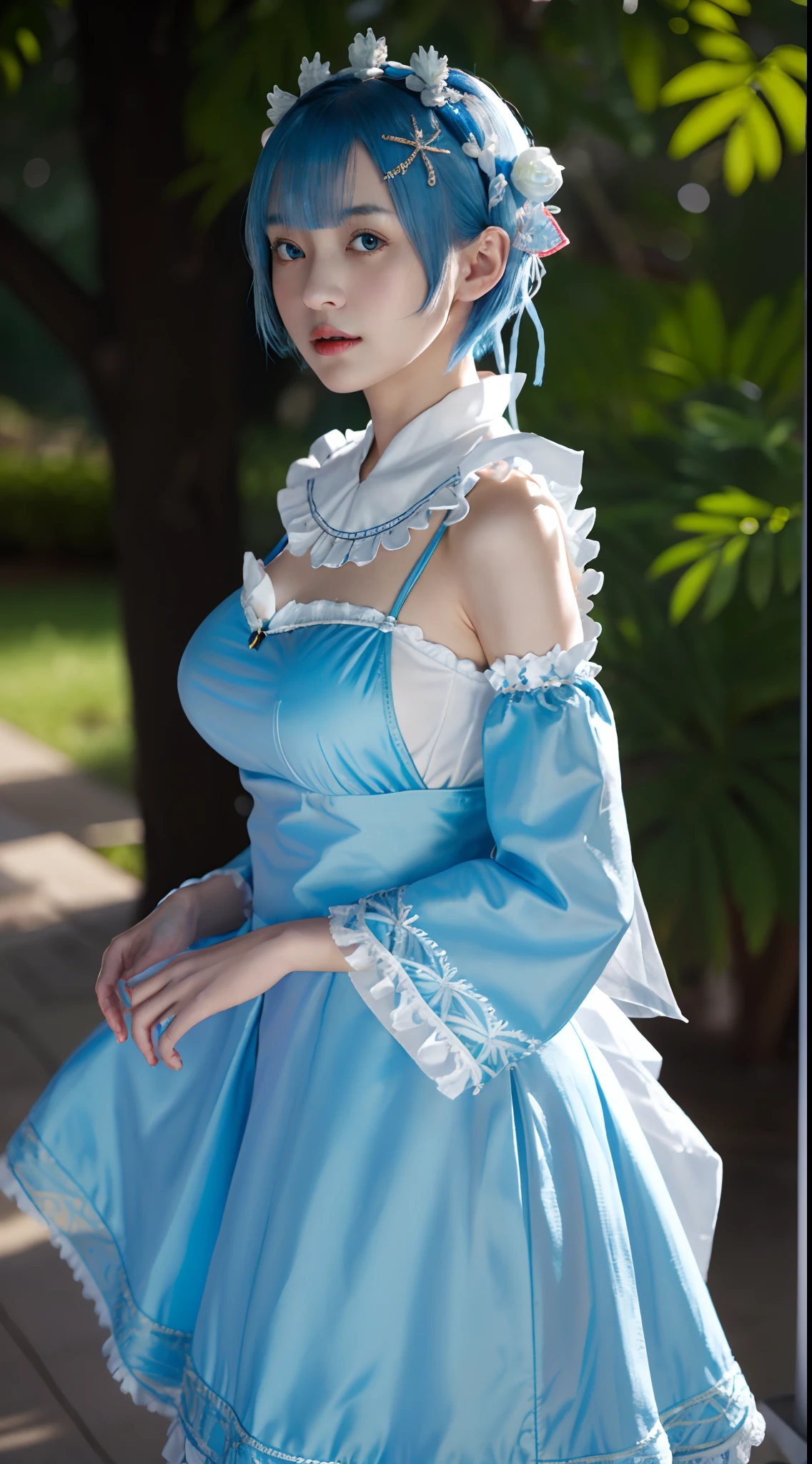 highres, sharp focus, pixiv masterpiece, ((intricate detail)), highly detailed, upper body, 1girl, rem_re_zero, blue hair, short hair, white t-shirt, hair ornament, maid headdress, ribbon, body facing forward, big boobs, standing,