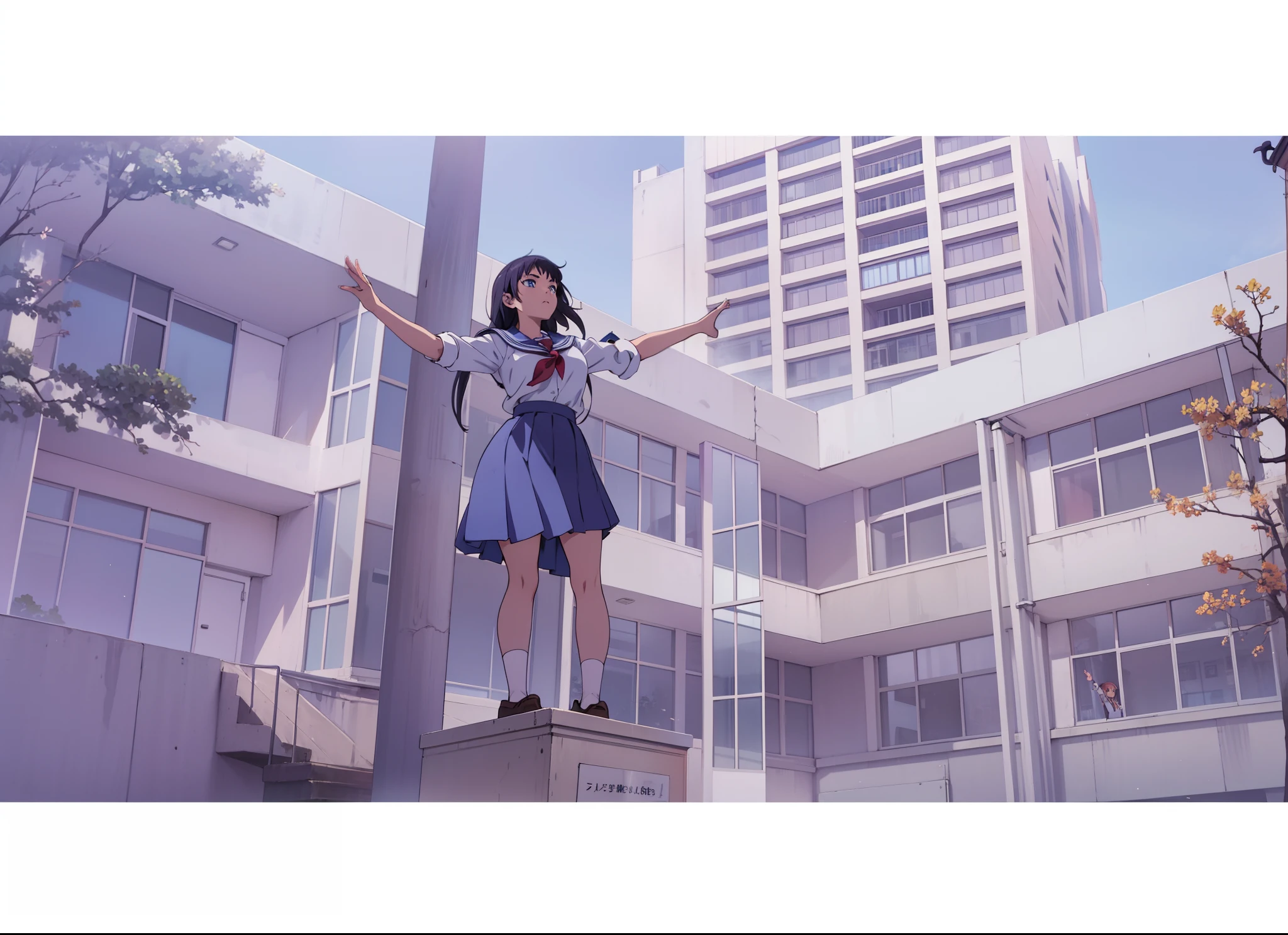 Anime scene, 1girl, highschool girl, dancing in front of the school