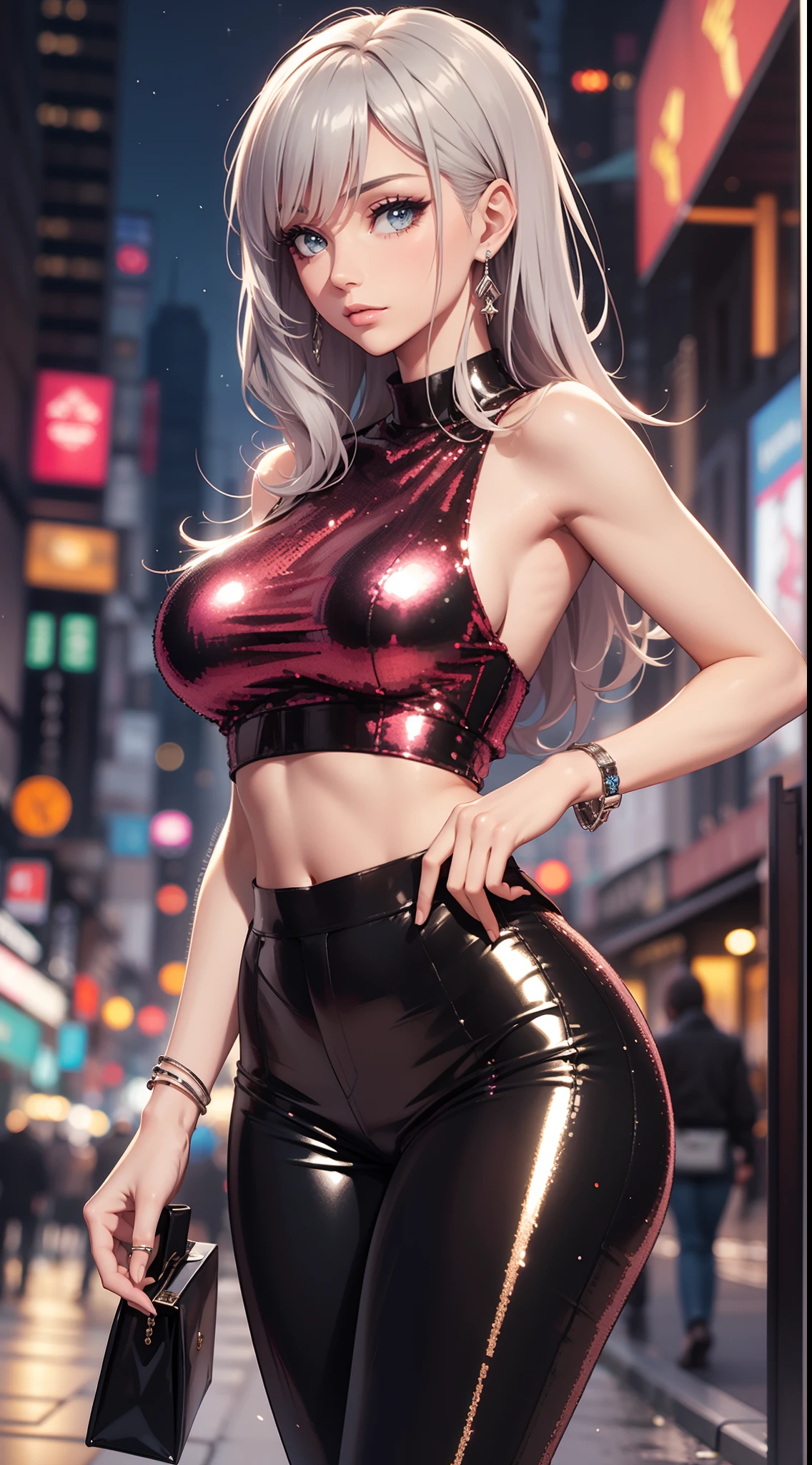 Best quality, masterpiece, Beautiful girl, tall, slim, stylish, sequin silver cropped top, american armhole, sleeveless, shiny sequin black pants, jewelry, outdoors, city, night,