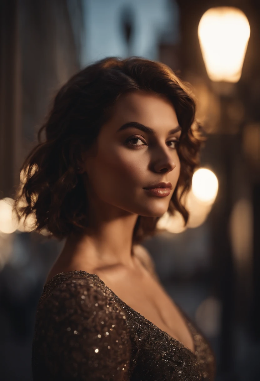 Night, RAW Photography, (((Very Beautiful Portrait))), (Very Beautiful Portrait))), 1 Girl, Sexy 25 Year Old Girl, ((Natural Brown Hair with Short Cuts)), [Brown Eyes],Gentle Smile Staring at the Camera(cleavage), ((Masterpiece, Best Quality, Ultra Detail, Cinematic Lights, Intricate Detail, High Definition, 8k, Very Detailed)), Detail Background, 8k UHD, DSLR, soft lighting, high quality, film grain, fujifilm XT3, shallow depth of field, natural light, perfect face