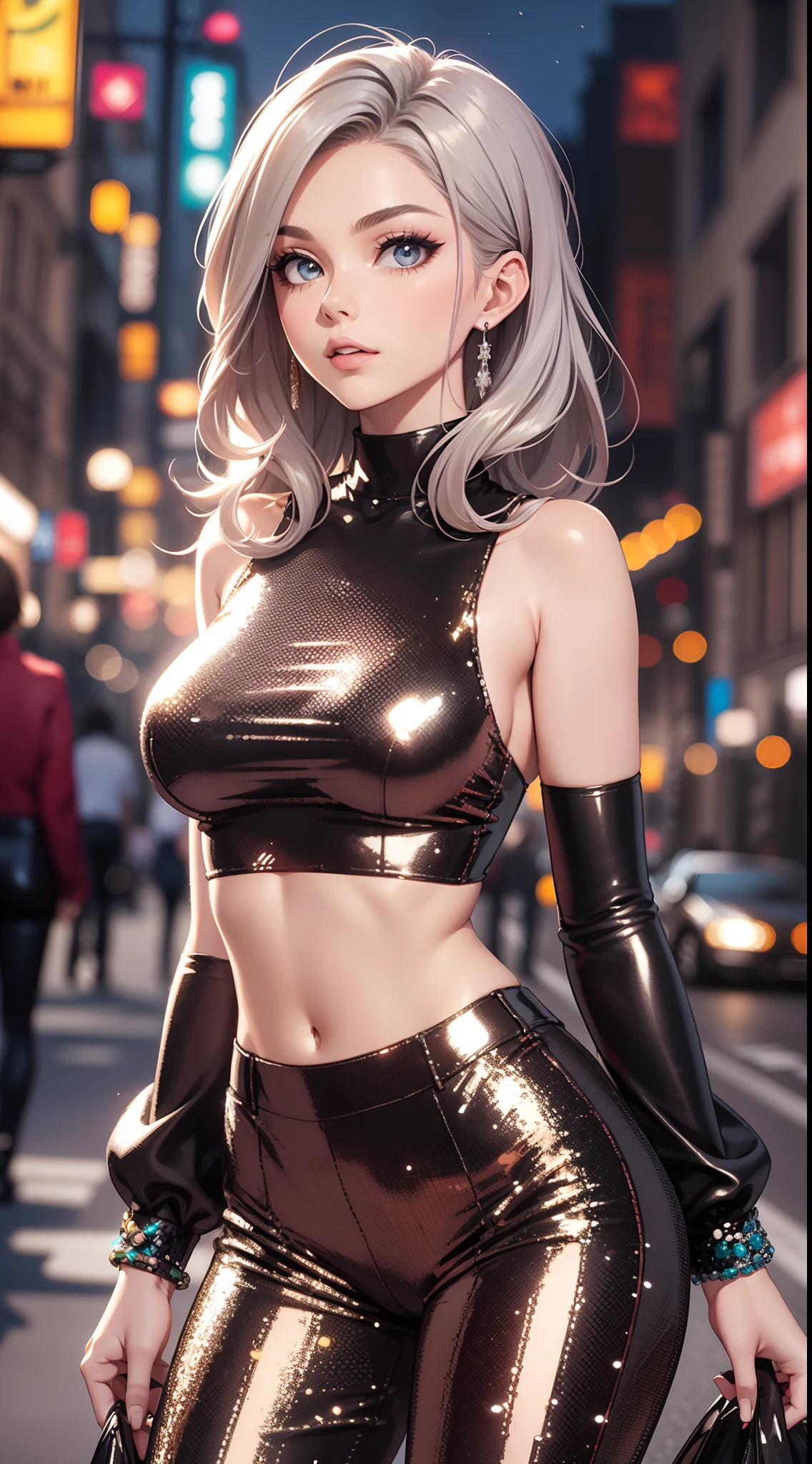 Best quality, masterpiece, Beautiful girl, tall, slim, stylish, sequin silver cropped top turtle neck, american armhole, sleeveless, shiny sequin black pants, jewelry, outdoors, city, night,