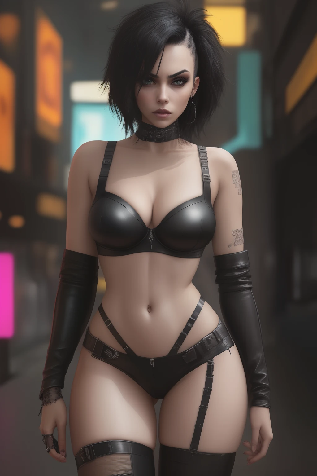 arafed woman in a black leather outfit posing for a picture, seductive cyberpunk dark fantasy, cyberpunk angry gorgeous goddess, beautiful cyberpunk woman model, cyberpunk beautiful girl, cyberpunk girl, female cyberpunk anime girl, cyberpunk 2 0 y. o model girl, black leather bra, dreamy cyberpunk girl, gothic - cyberpunk, female cyberpunk, cyberpunk women, cyberpunk anime girl