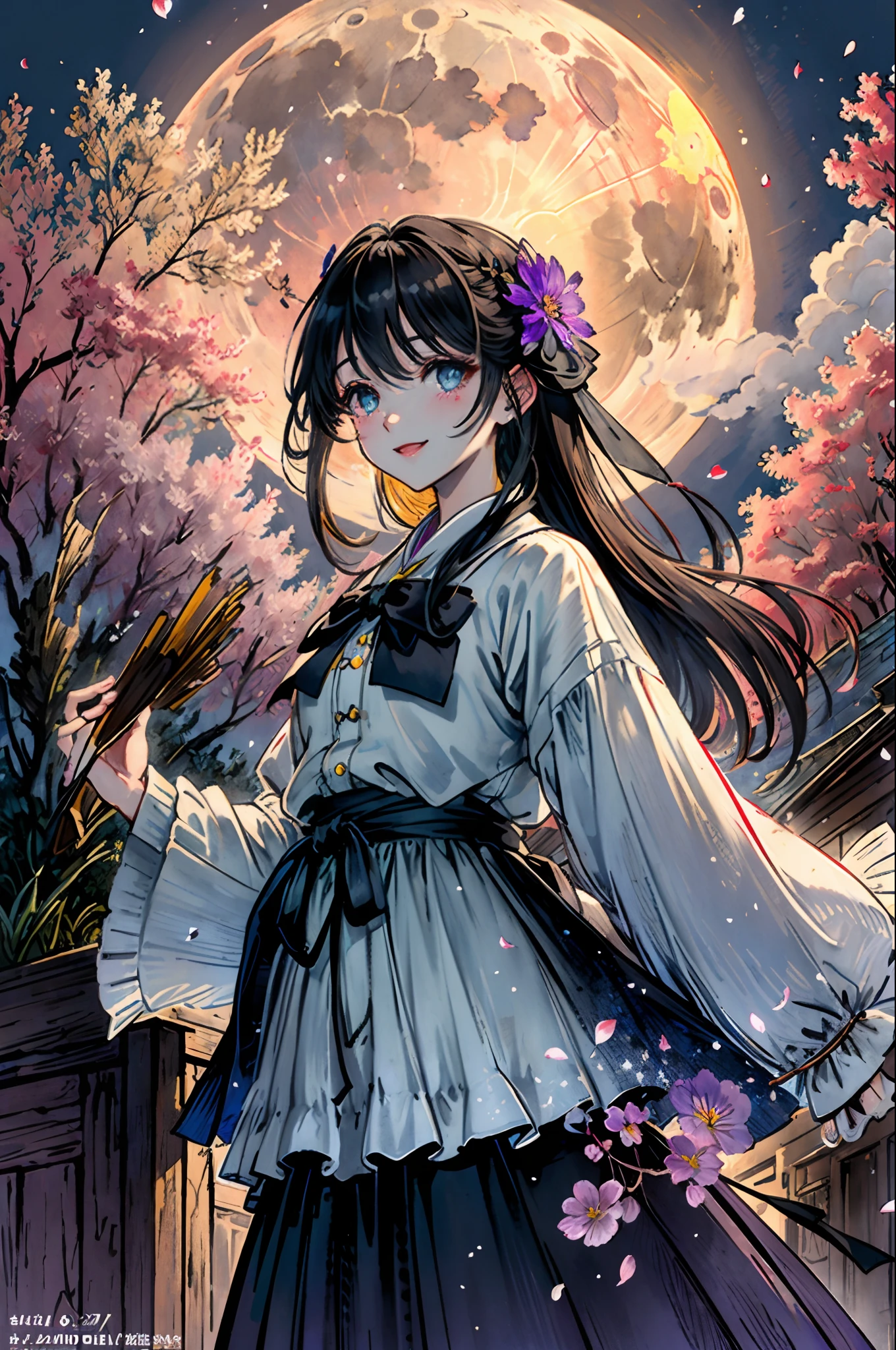 masterpiece、top-quality、1 girl in、(colourfull)、(Fine, beautiful eyes and detailed face)、cinematlic lighting、bustshot、the Extremely Detailed CG Unity 8K Wallpapers、独奏、a smile、intricate skirt、((Flying petals)) 、(Flower meadow) Skysky、cloudy ash sky、buliding、moonlights、a moon、natta、(dark themed:1.3)、optic、Fantasia、