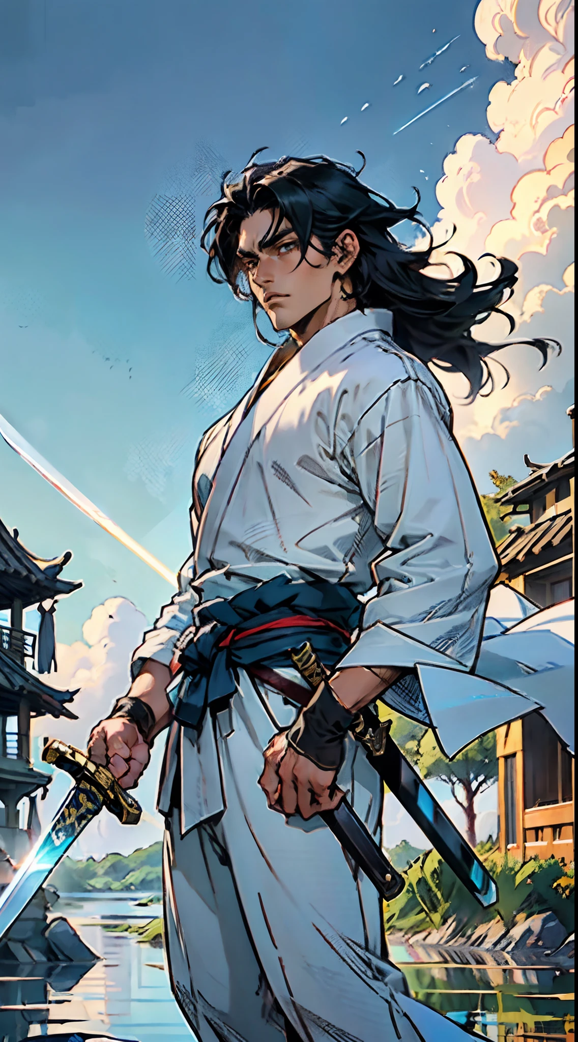 A young man with thick jet-black hair, Medium-length hair, clear and bright eyes, a relaxed and composed demeanor, handsome features, stands by the side of a vast and bright lake, dressed in a loose white robe, the hem flowing gracefully in the wind, wide sleeves, a sky-blue sash is tied around his waist, he wears loose white trousers, he holds a longsword with a black scabbard, a longsword with a black scabbard, he radiates an aura of transcendence and elegance under the sunlight, under the sunlight, this character embodies a finely crafted Chinese martial hero design in anime style, characterized by a sophisticated and mature manga illustration art style, high definition, best quality, highres, ultra-detailed, ultra-fine painting, extremely delicate, professional, anatomically correct, symmetrical face, extremely detailed eyes and face, high quality eyes, creativity, RAW photo, UHD, 8k, Natural light, cinematic lighting, masterpiece:1.5