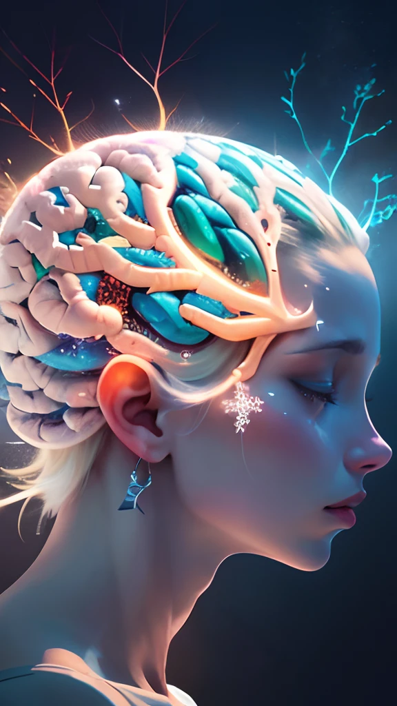 human brain, illuminated by a ray of light, on a dark background, with snowflakes. Use cool, contrasting colors . The brain must be realistic and detailed, showing its different parts and cognitive functions. The ray of light must come from above, suggesting a higher source of wisdom or inspiration. --auto --s2