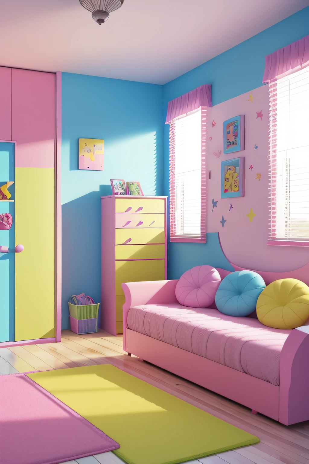 a 3D rendering of a children's room with a couch, dresser, door, and toys. The room is decorated in a colorful and playful style, with pink, blue, and yellow walls. There are clouds and stars painted on the walls, and a variety of toys scattered around the room. The couch is covered in a soft, plush fabric, and the dresser has a playful design with rounded edges. The door is closed, but we can see a glimpse of a hallway beyond.