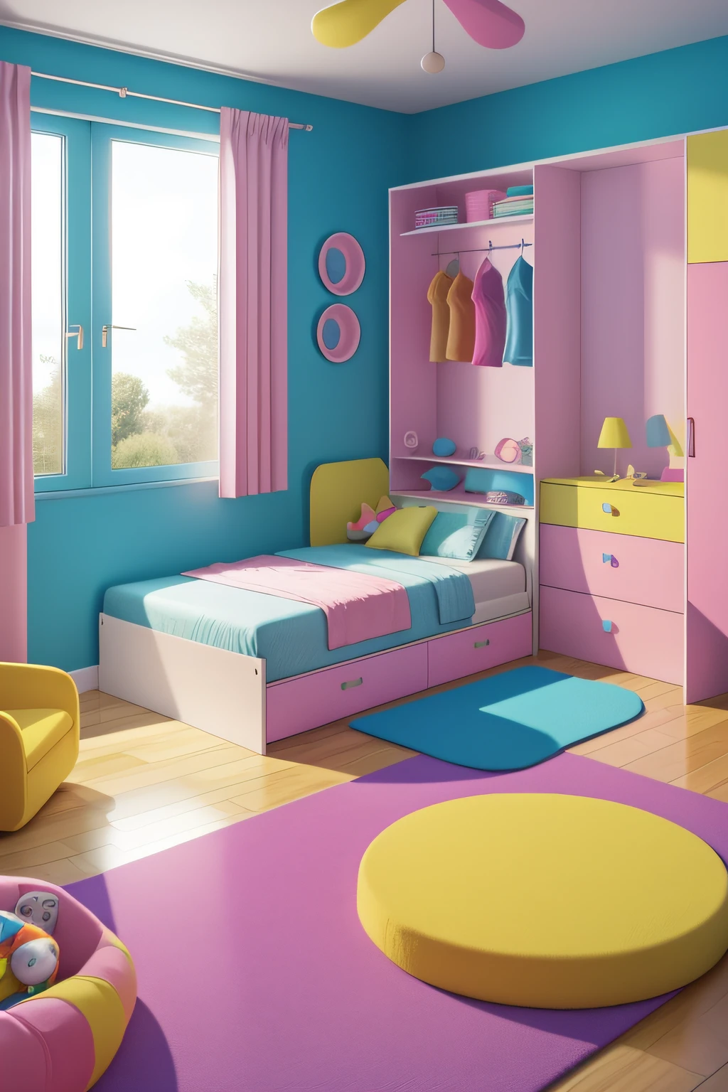 a 3D rendering of a children's room with a couch, dresser, door, and toys. The room is decorated in a colorful and playful style, with pink, blue, and yellow walls. There are clouds and stars painted on the walls, and a variety of toys scattered around the room. The couch is covered in a soft, plush fabric, and the dresser has a playful design with rounded edges. The door is closed, but we can see a glimpse of a hallway beyond.