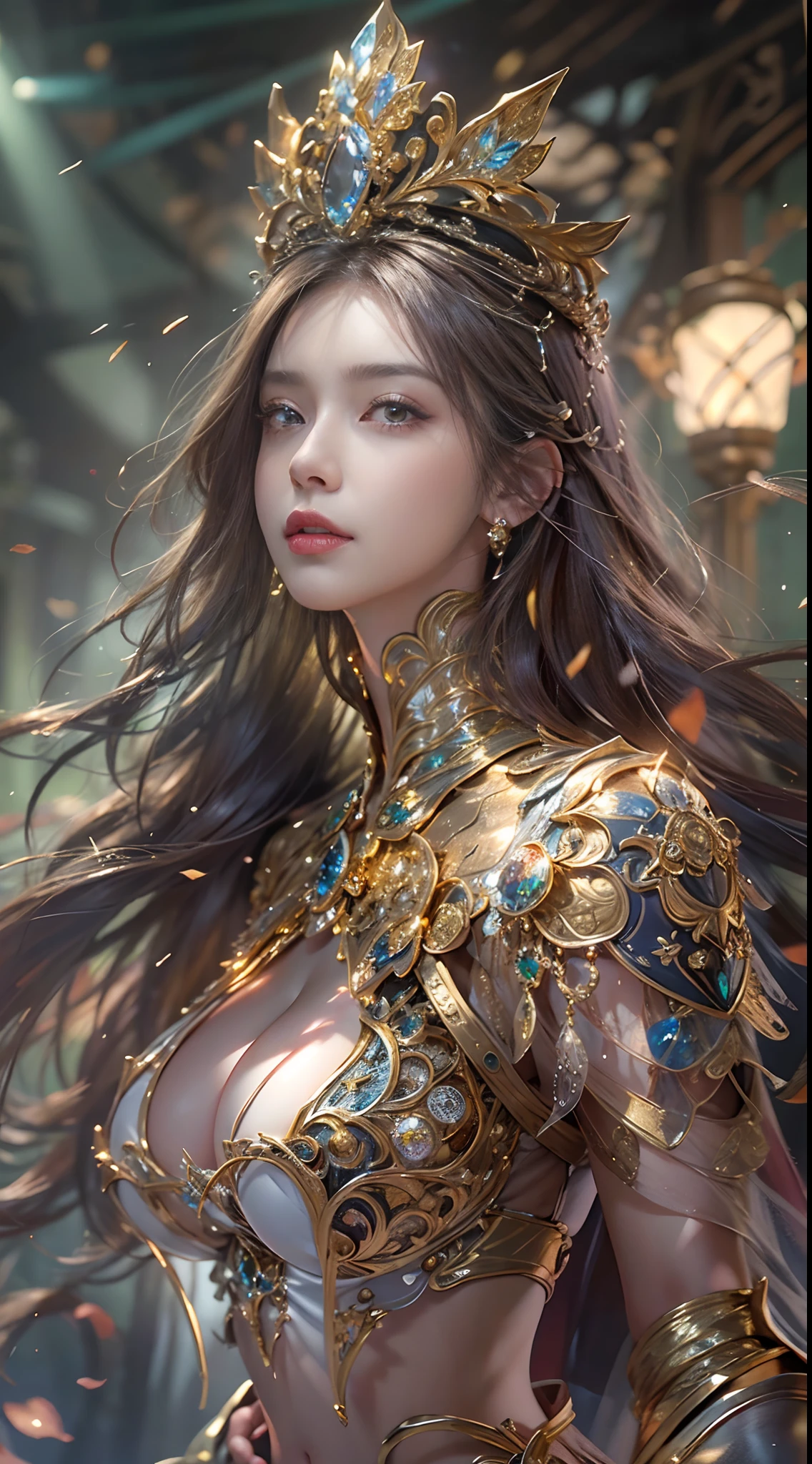 Woman in a golden transparent dress,view the viewer,(((Huge breasts, Large cleavage))),Slim waist,(navel baring,Bare waist), Long hair, Ultra-detailed details,High-end Zhenyi station, Rainstorm site, detailed fantasy art, Stunning character art, Beautiful and exquisite character art, Beautiful gold and silver armor, Extremely detailed, Girl in shiny armor, Exquisite tiaras and jewelry,Crystal jewelry filigree, milky ways, Stunning visuals, (dynamic streaks, light tracks:1.2), Vibrant colors,