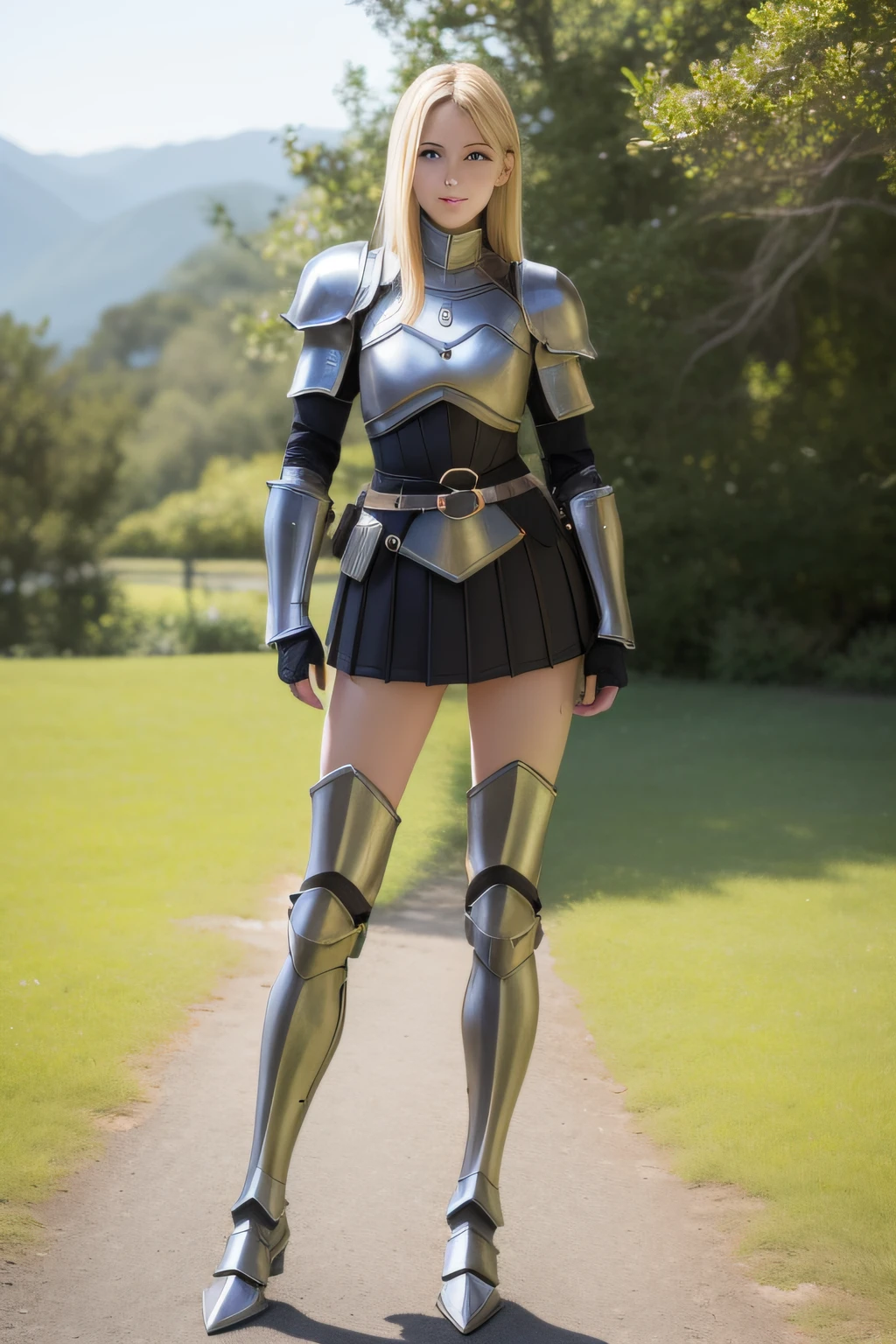 best qualtiy、masutepiece、超A high resolution、(Photorealistic:1.4) 、adult lady、(modeled:1.2)、blonde hair、Smaller head、a small face、long legged、(full body armored:1.4)、Chest Armer、(Waist Armor:1.5)、Skirt Armor、Leg armor、(Full body:1.2)、Appearance without makeup、huge smile、(Small butt:0.7)、(the perfect body:1.7)、Western landscape、By Michelangelo